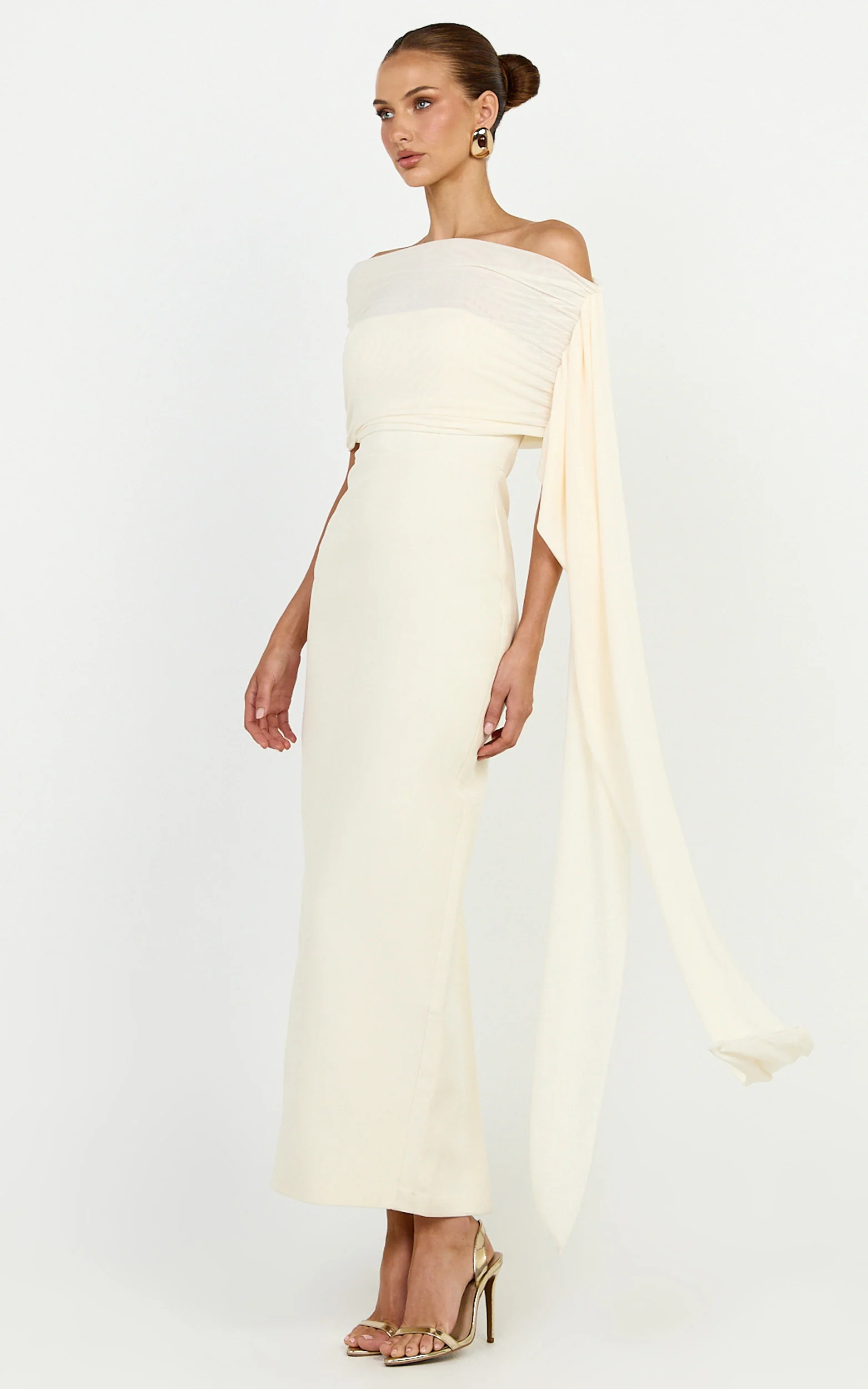 Elina Maxi Dress - Off Shoulder Contrast Mesh Draped Overlay Dress in Cream