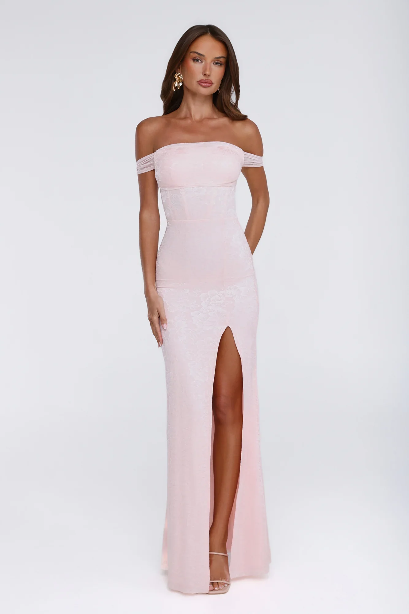 Night Bloom Off Shoulder Maxi Dress Pink