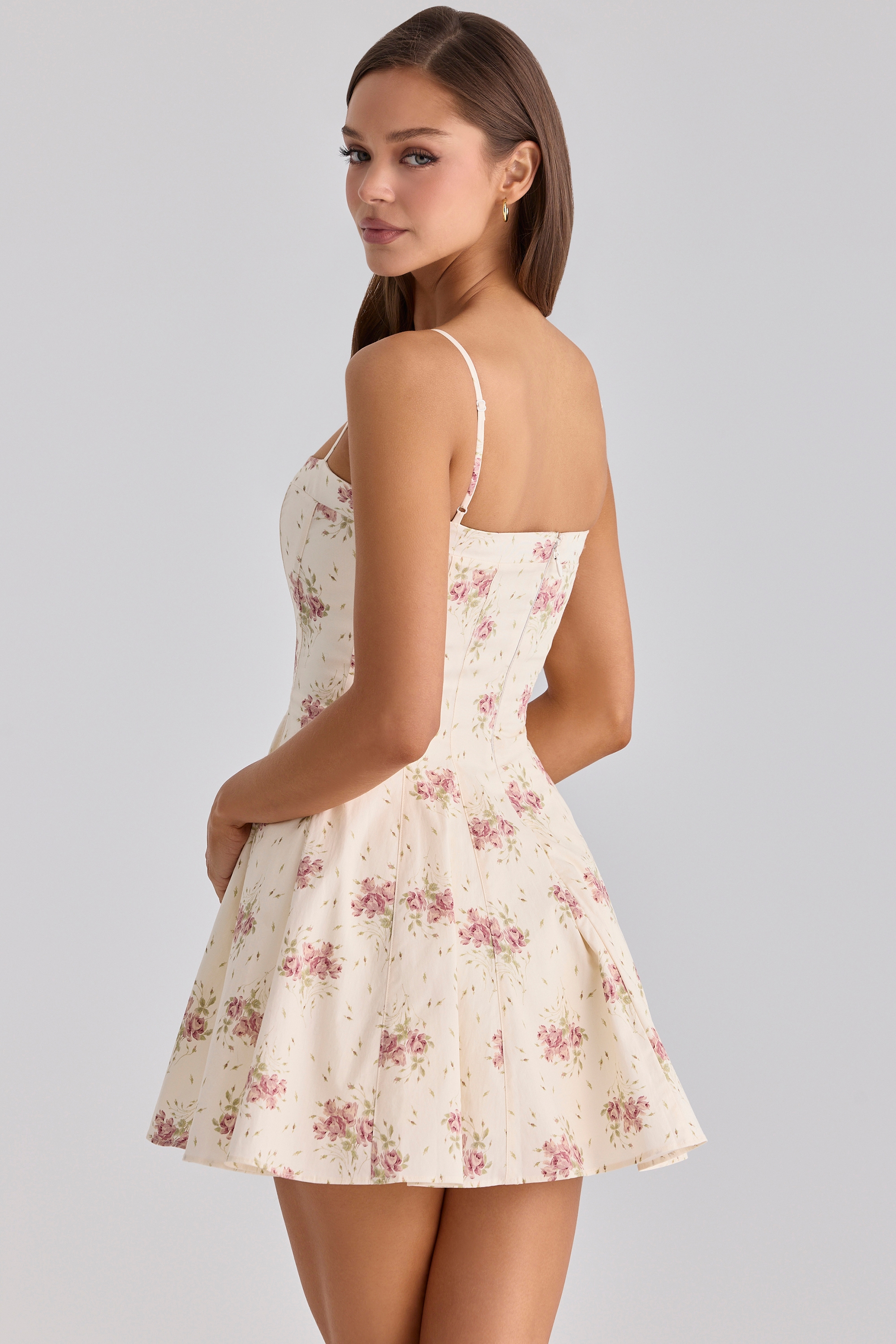 Ivory Vintage Rose Print Cotton Flared Mini Sundress