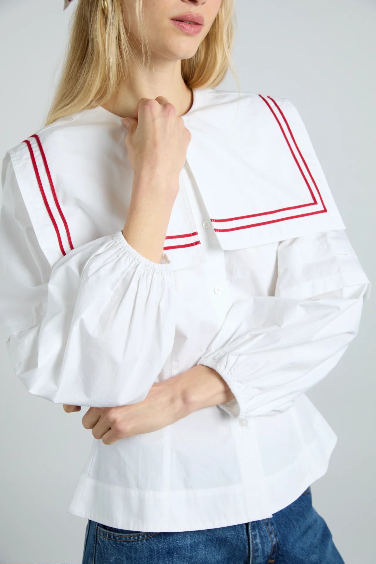 elise blouse - white with red piping - luluinthesky