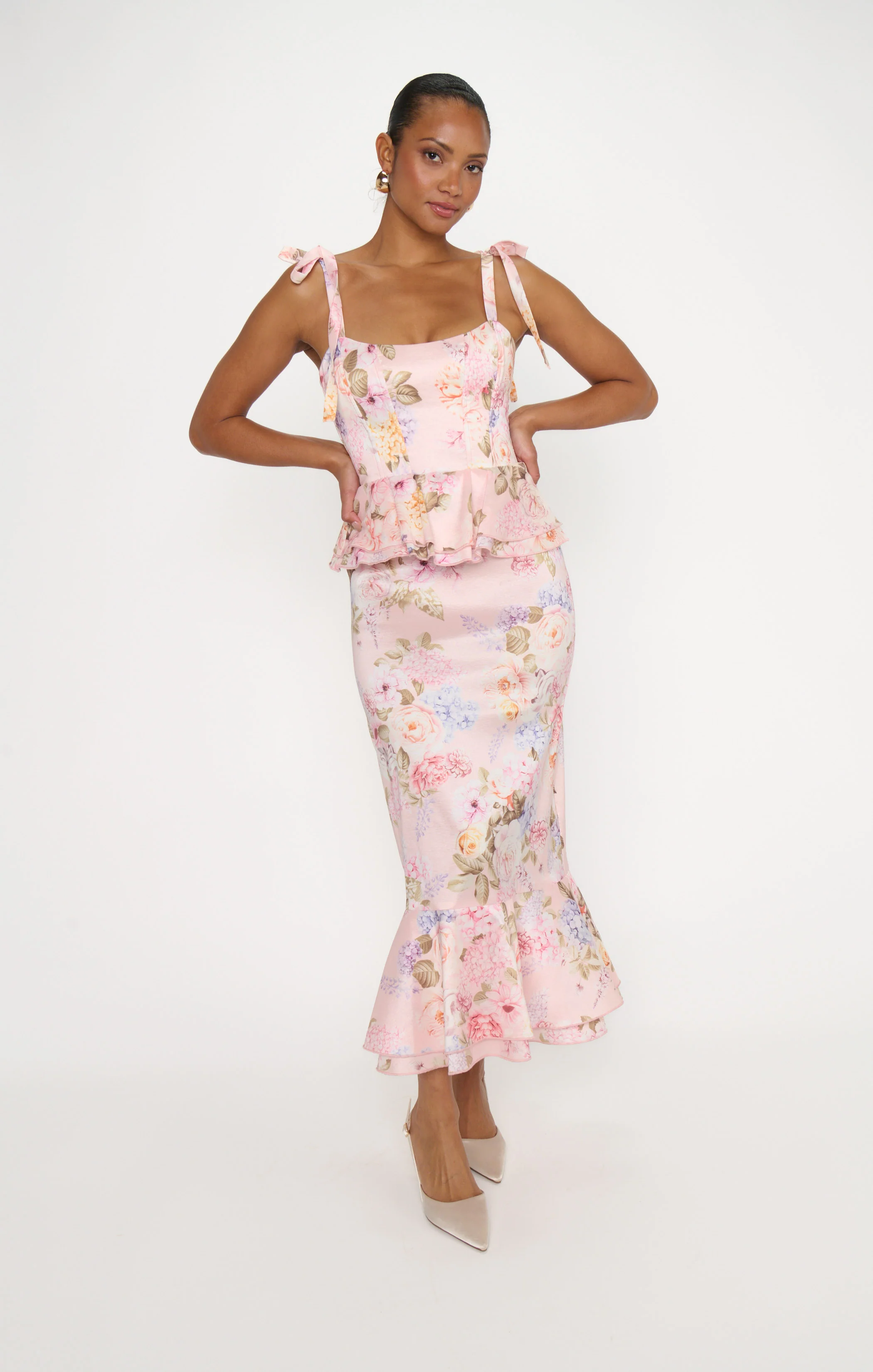 Pauline Peplum Dress ~ Powder Pink Blooms Taffeta