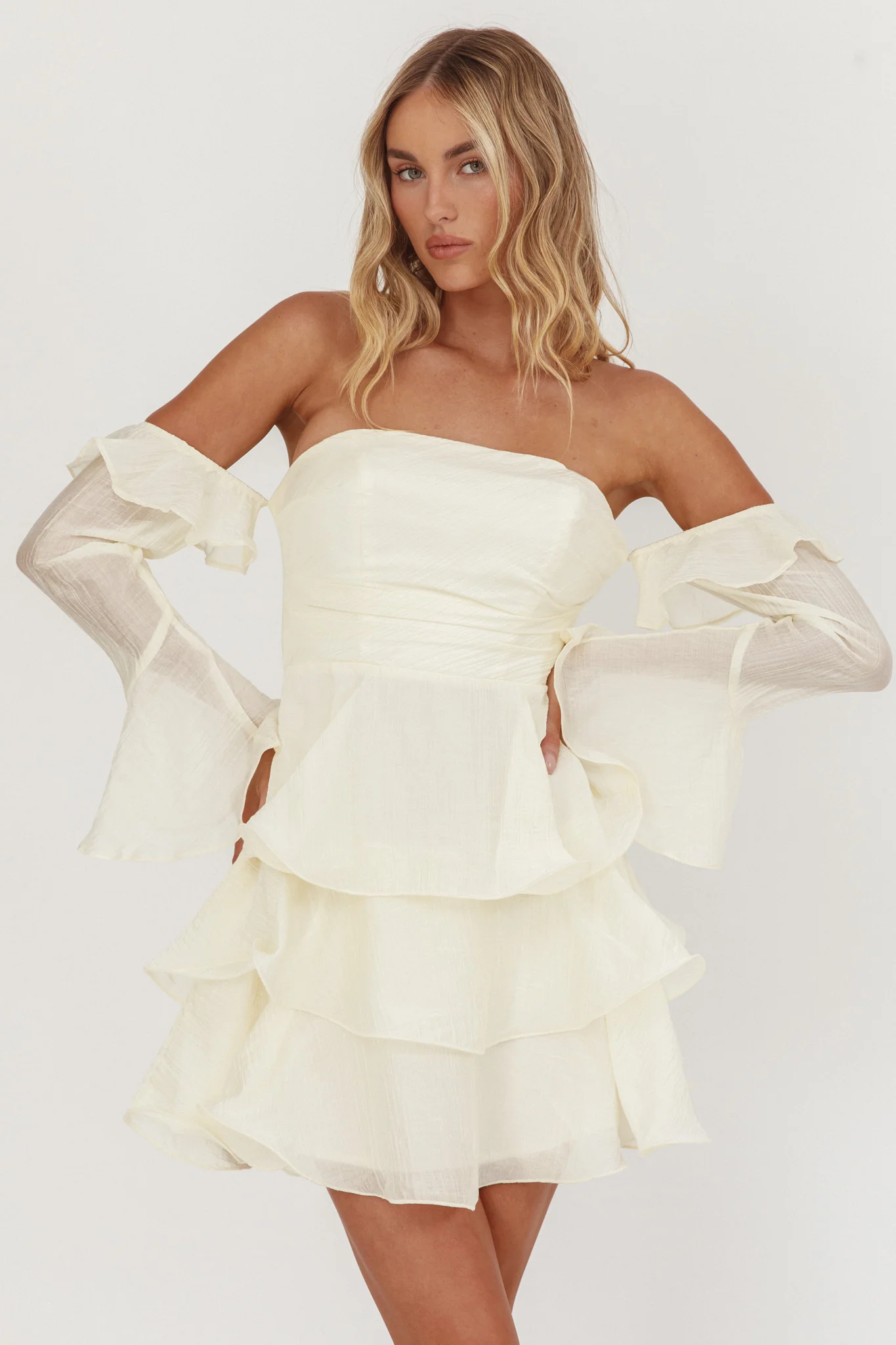 Giavana Off-Shoulder Layered Mini Dress Cream
