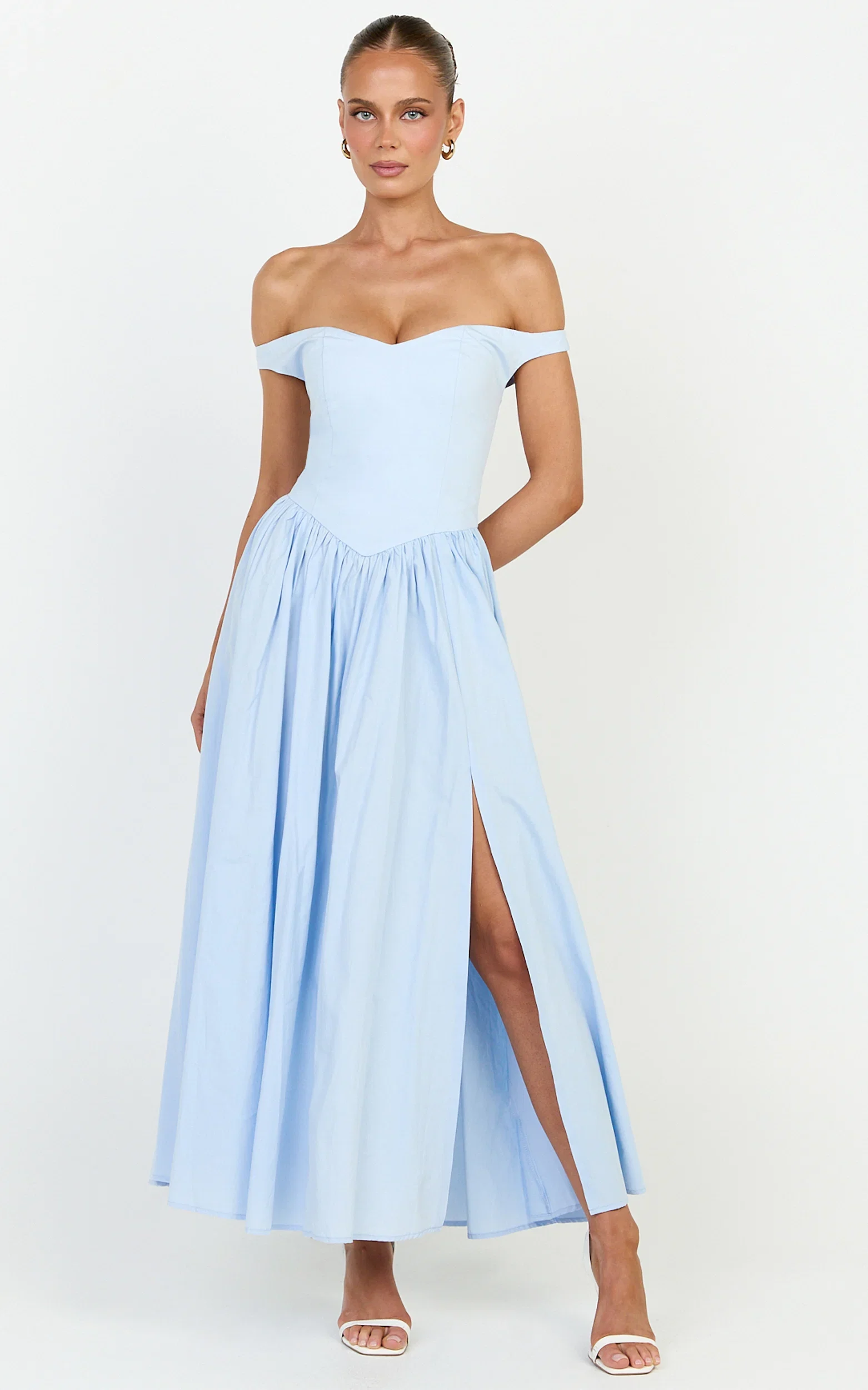 Lacey Midi Dress - Off Shoulder Gathered Waist Dress in Blue