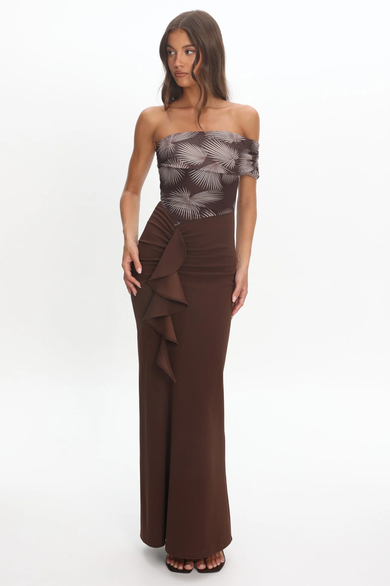 Gala One-Shoulder Ruffle Maxi Dress Brown