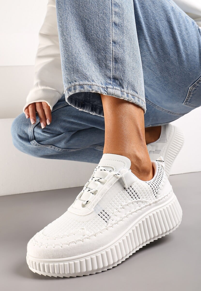 Beżowe Casualowe Sneakersy z Wiązaniem na Wzorzystej Grubej Podeszwie Aniata