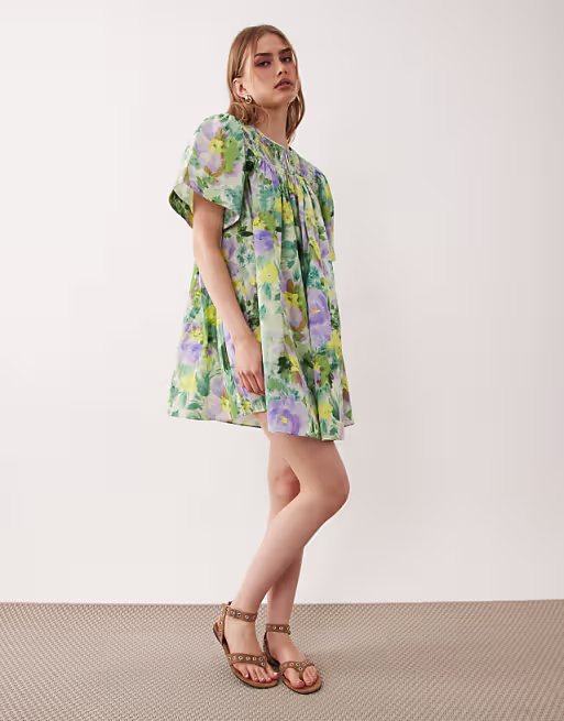 crew neck shirred smock mini dress in green floral print