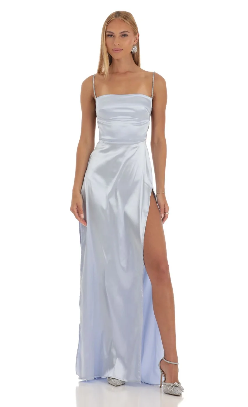 Rhinestone Satin Maxi Dress in Periwinkle