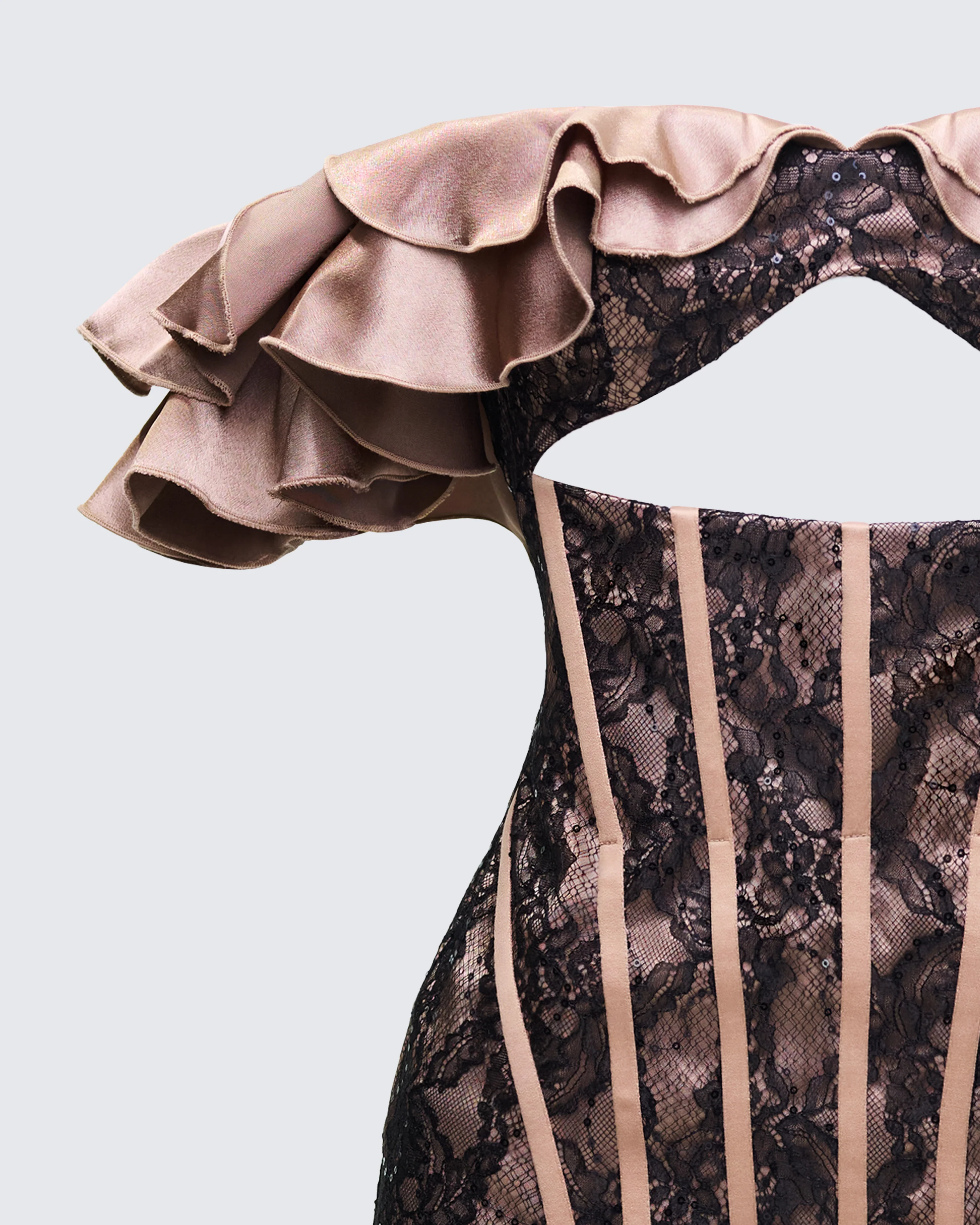 Starrah Brown Lace Ruffle Trim Mini Dress