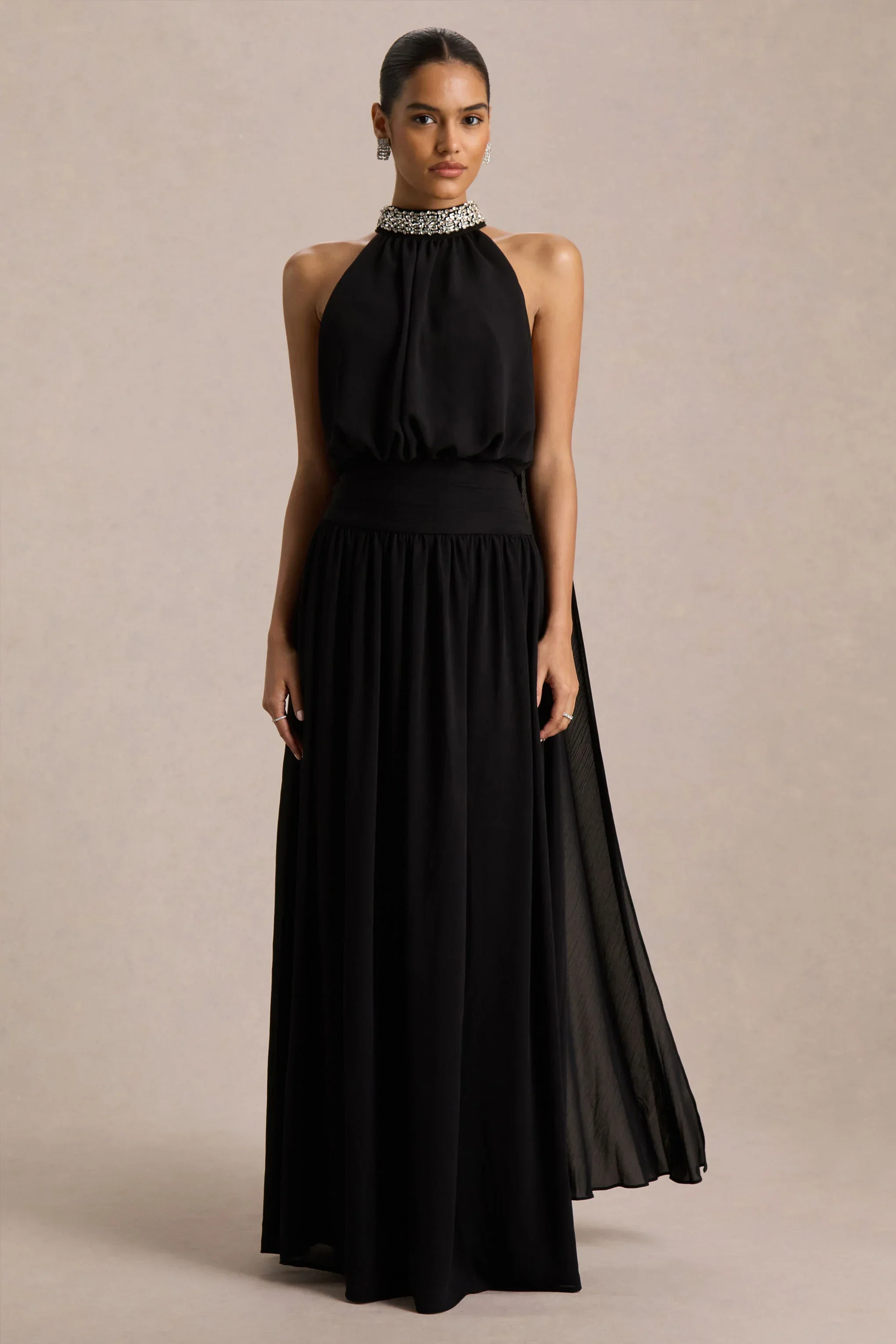 Marie | Black Halter-Neck Maxi Dress With Embellished Detailing
