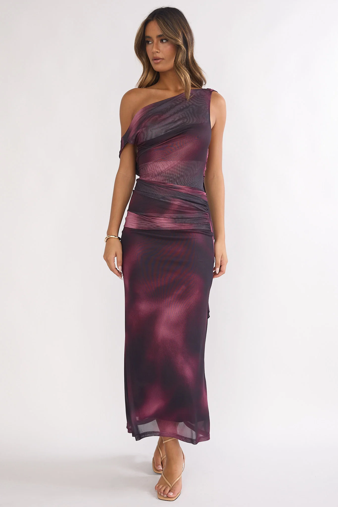 Saffra Shoulder Sash Ruched Maxi Dress Print Wine