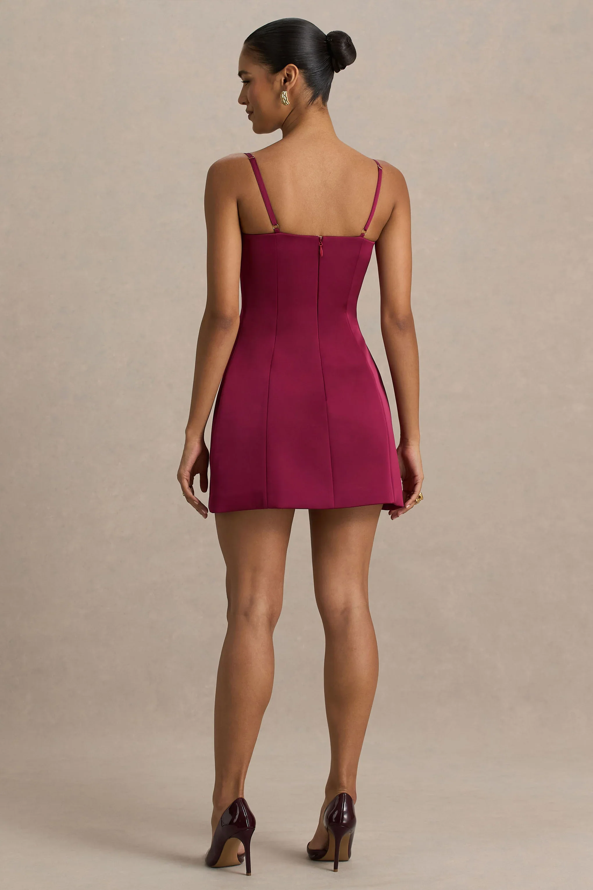 Elara | Burgundy Satin Plunge-Neck Mini Dress