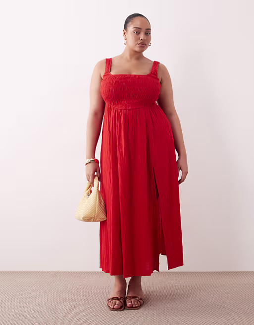 Curve exclusive Selina beach textured cotton shirred maxi sundress in red