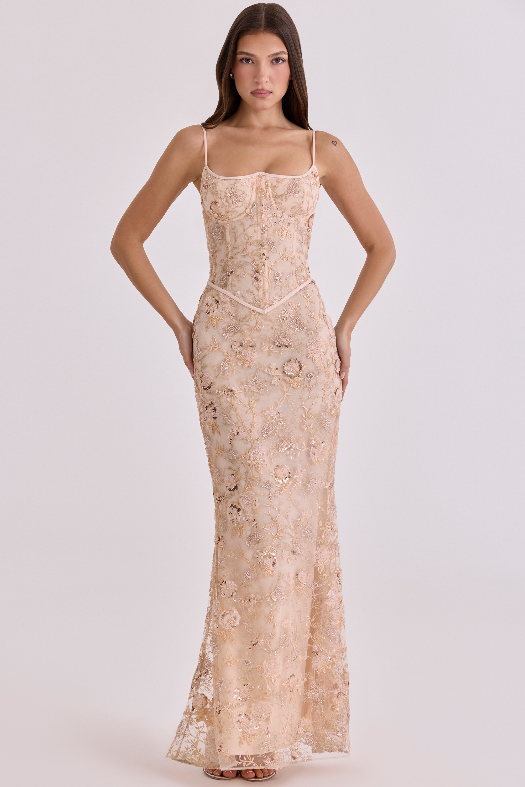 peach hand beaded embellished corset maxi dress - limited edition