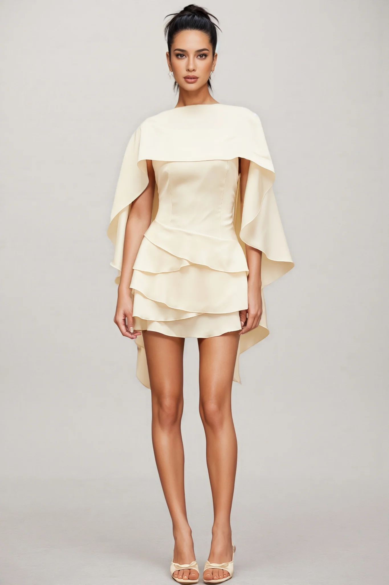 Lyssty White Shawl Panel Ruffled Satin Mini Dress