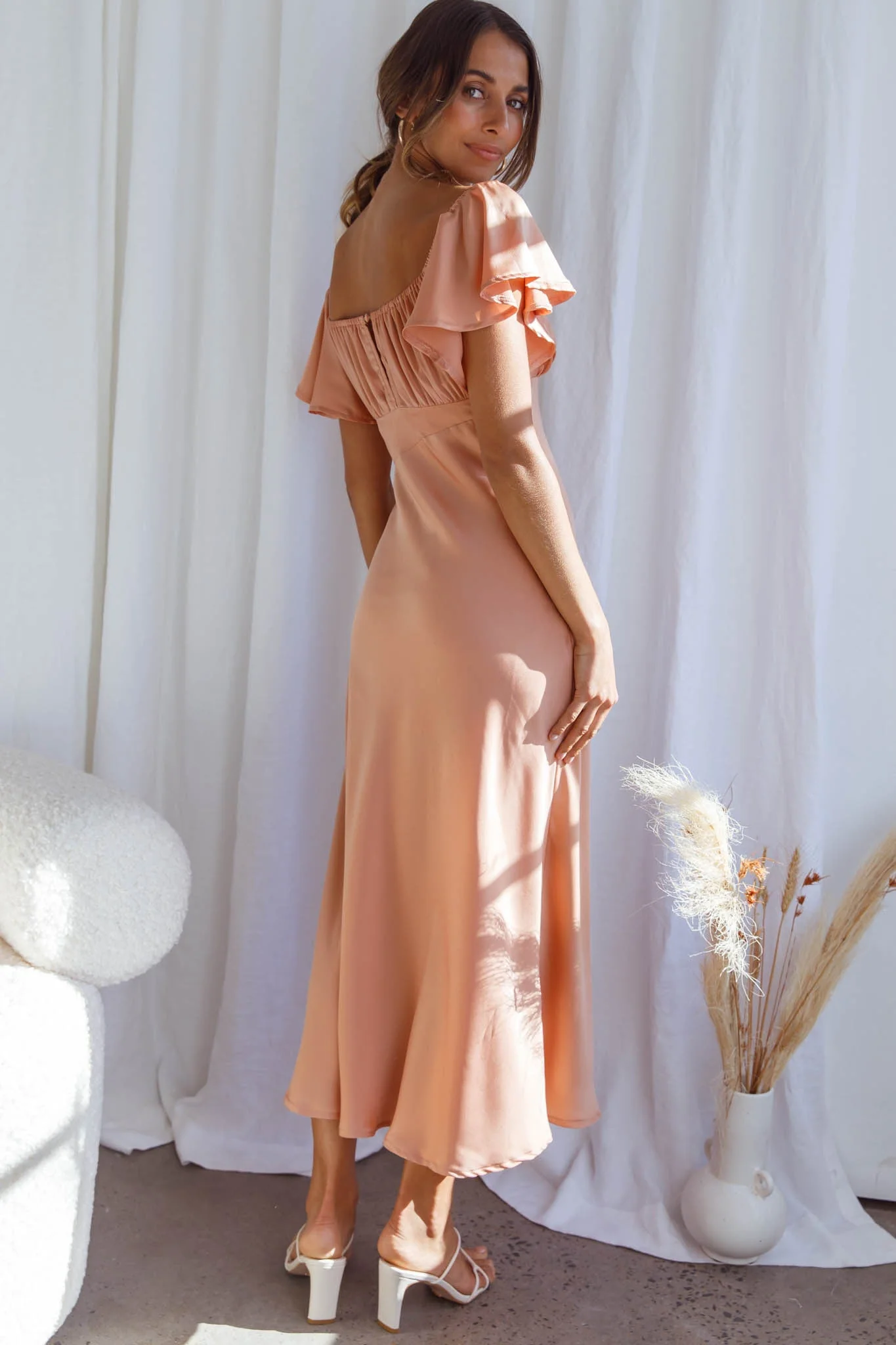 Park Avenue Flutter Sleeve Side Split Midi Dress Apricot - elegeleges