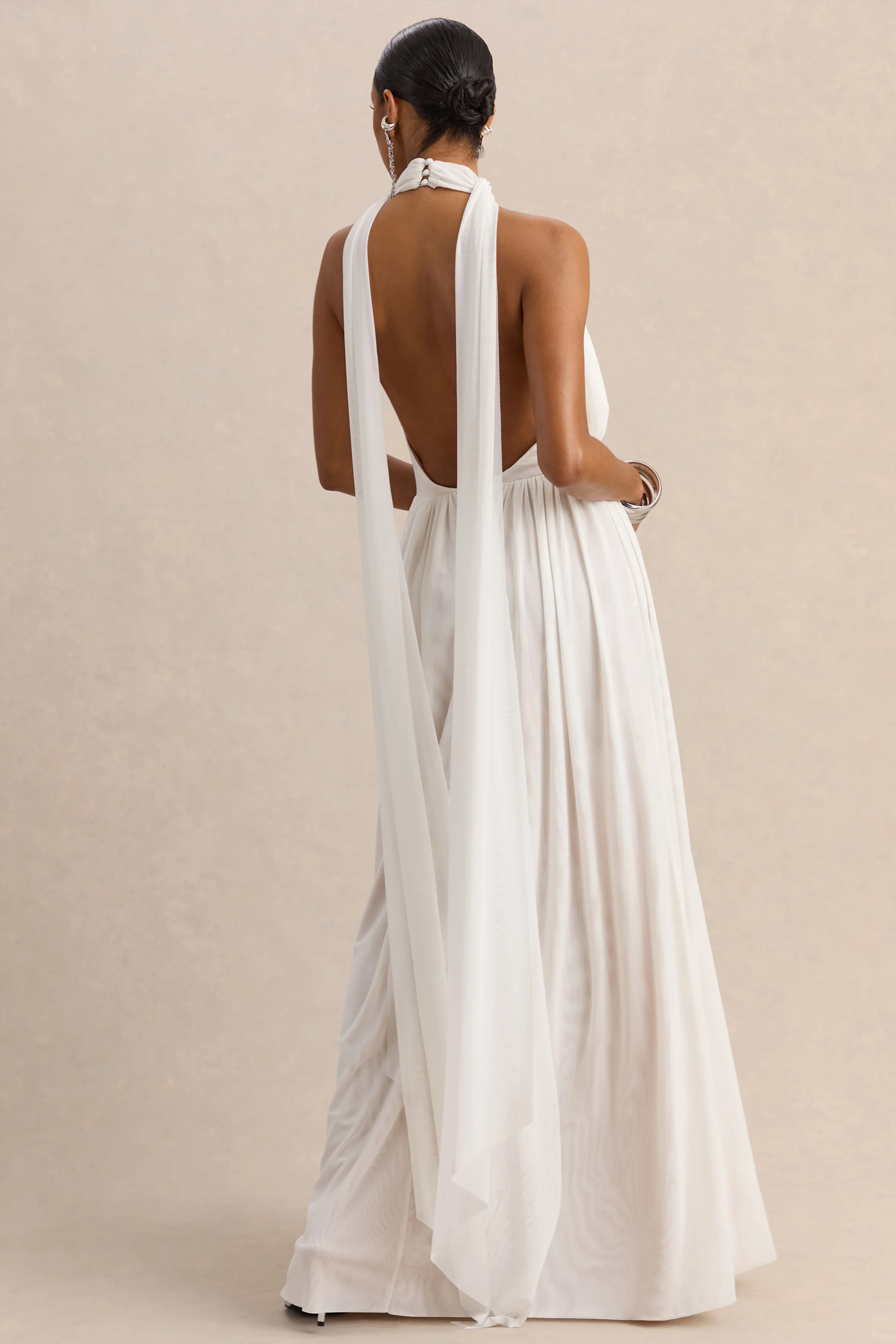 Rylina | White Mesh Halter-Neck Maxi Dress With Scarf And Open-Back
