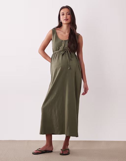 Mamalicious Maternity 2 function nursing button up maxi sundress in dark khaki