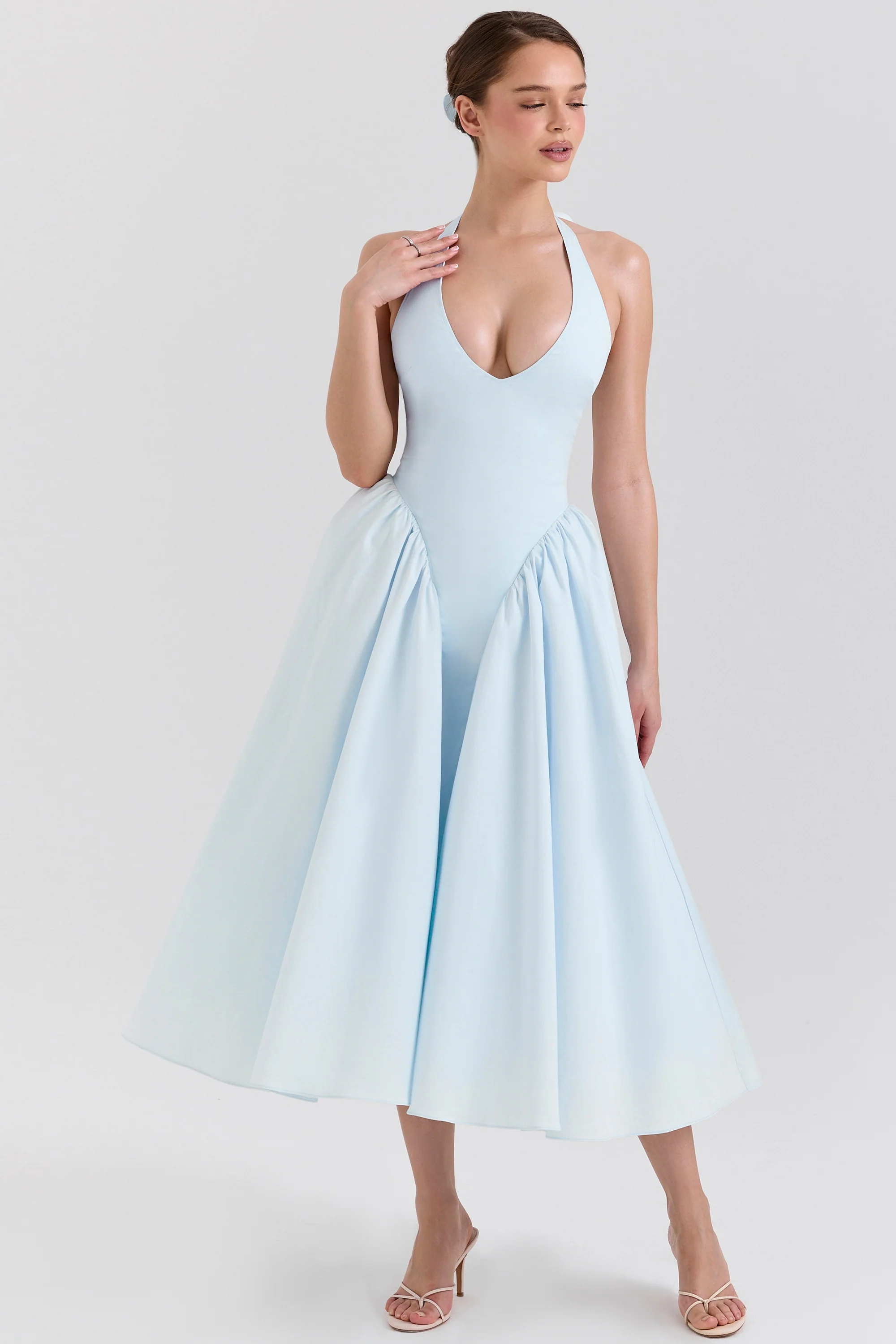 soft blue cotton twill halter midi sundress