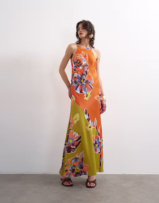Topshop bias cut halter neck open scoop back satin maxi dress in bold contrast floral