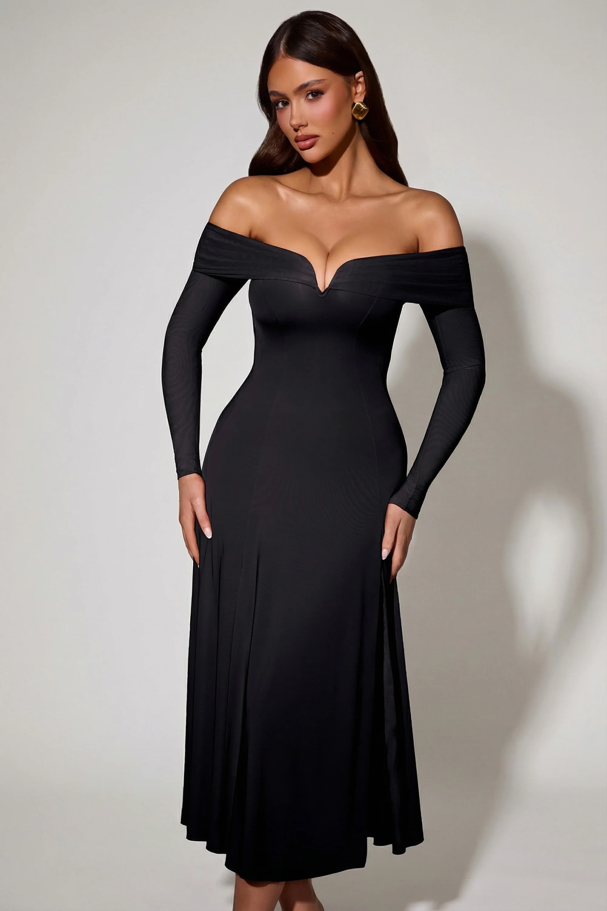 Off-Shoulder Lace-Up A-Line Midaxi Dress in Black