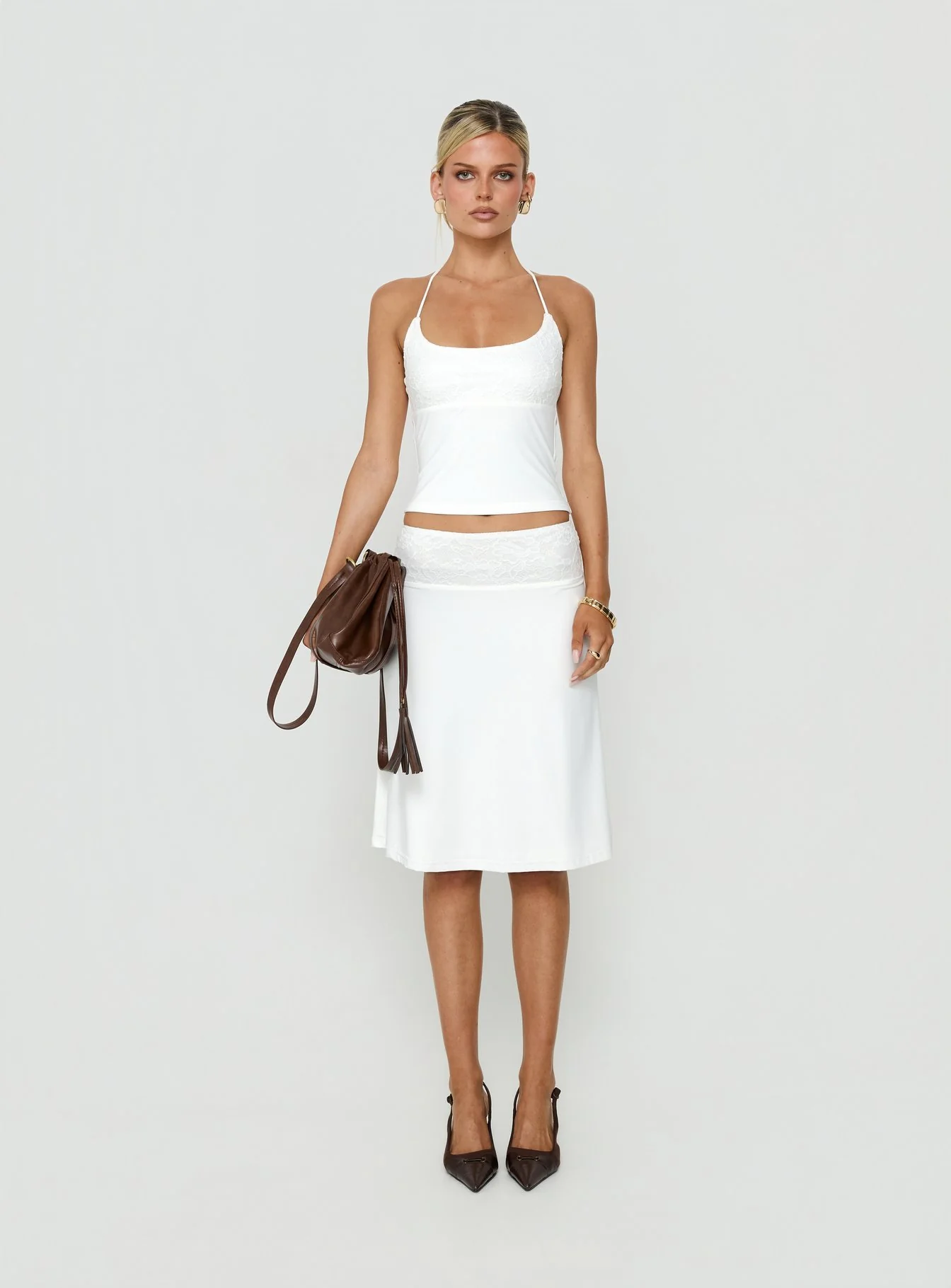 Zenaide Lace Detail Midi Skirt White