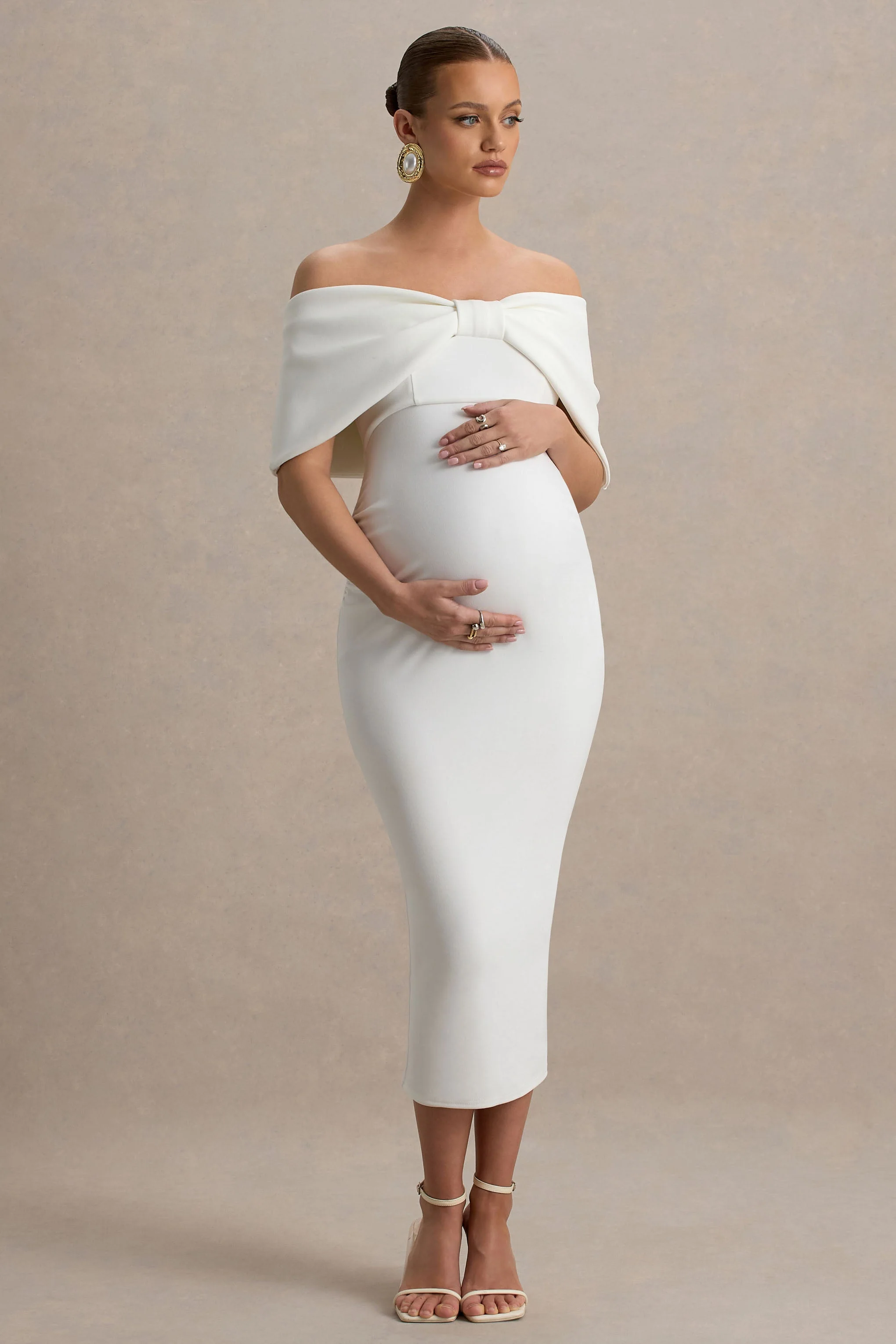 Droplet | White Bow Bardot Maternity Midi Dress
