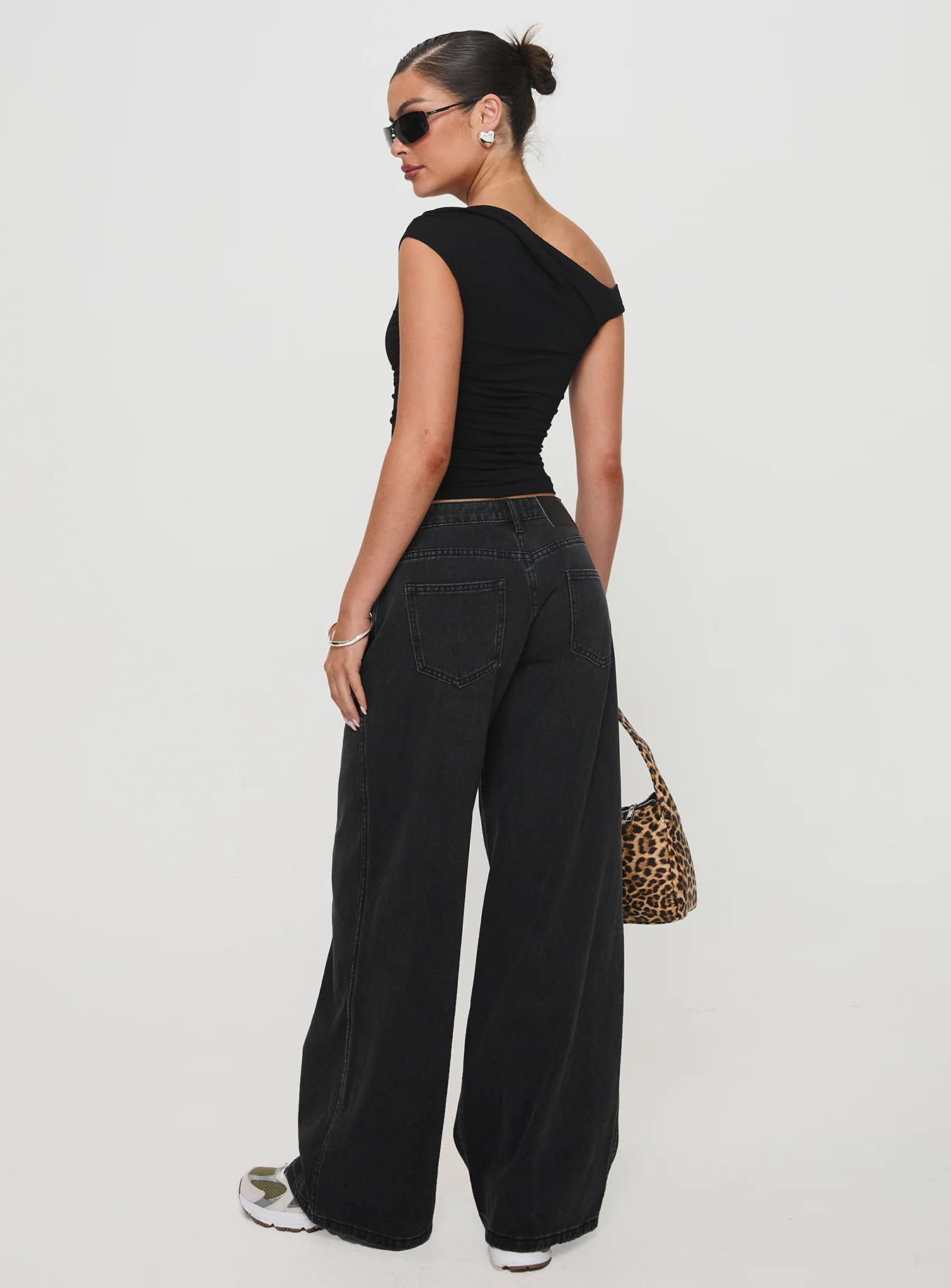 Ramos Low Rise Wide Leg Denim Jeans Washed Black