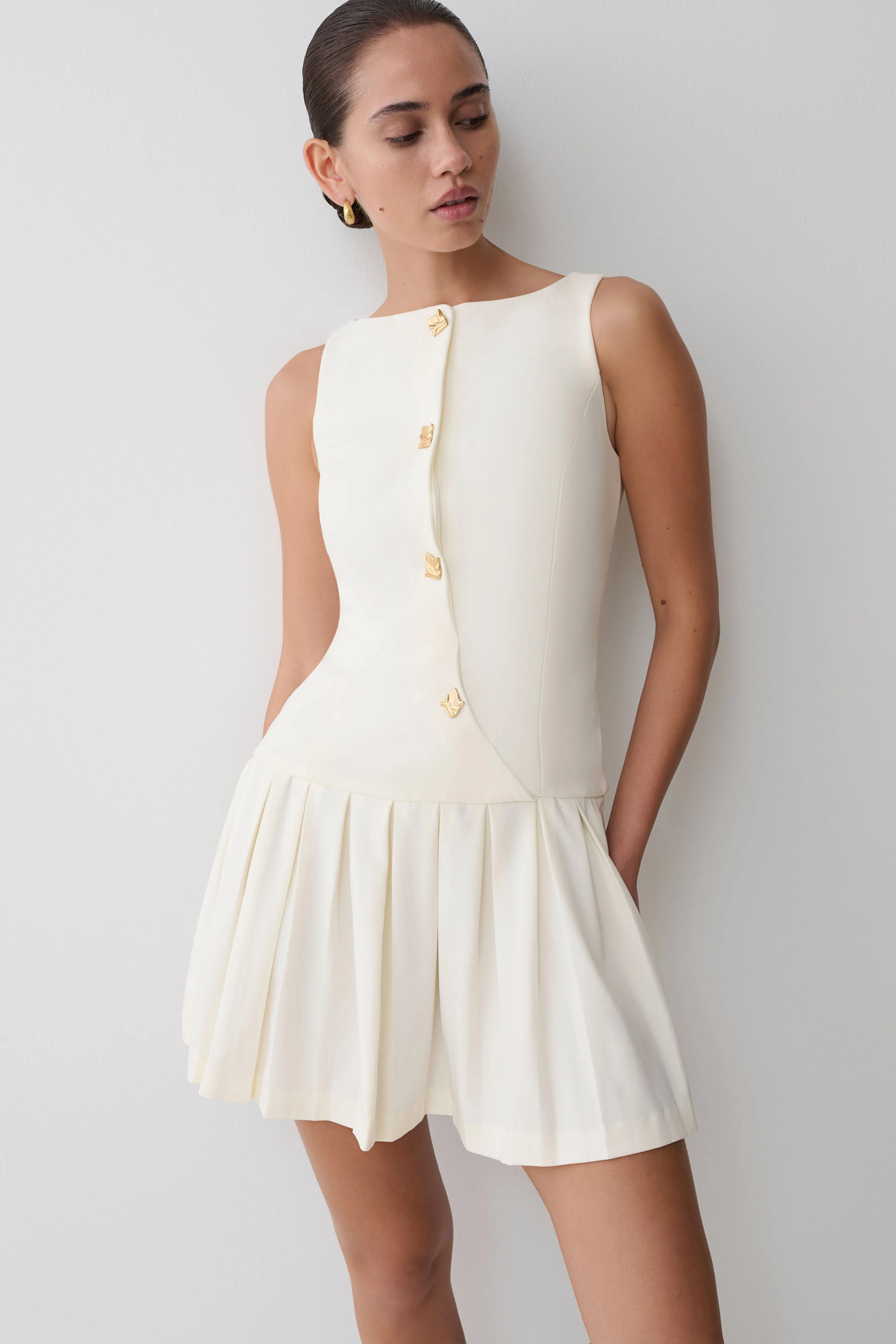 Mackenzie Sleeveless Pleated Mini Dress - Ivory