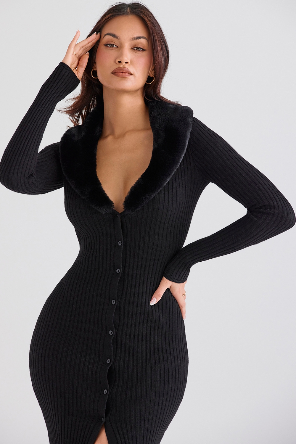 Black Faux Fur Trim Dress