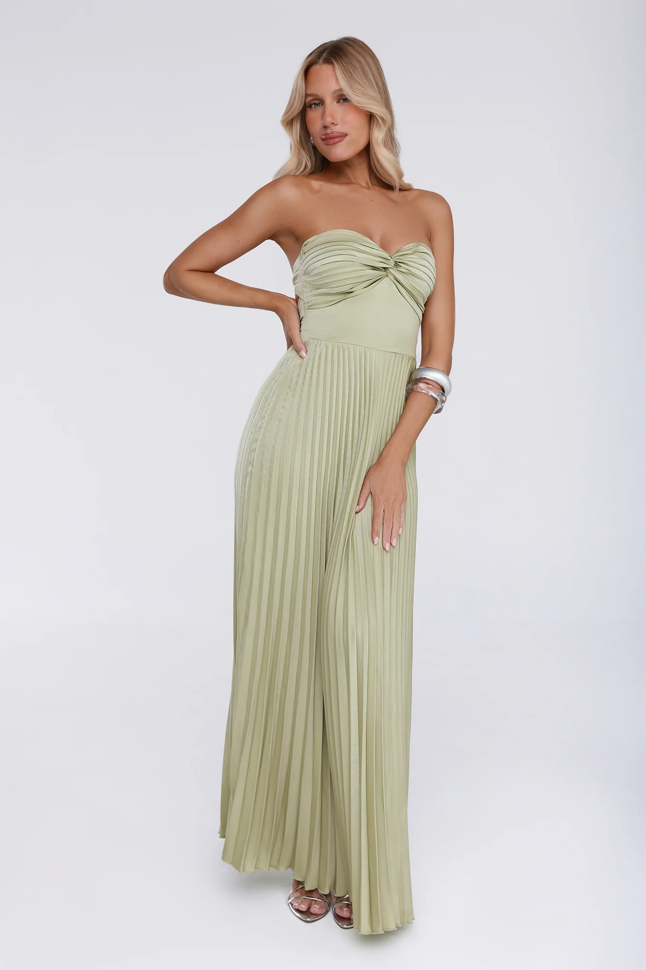 Sassy Sunshine Satin Pleated Strapless Maxi Dress Green