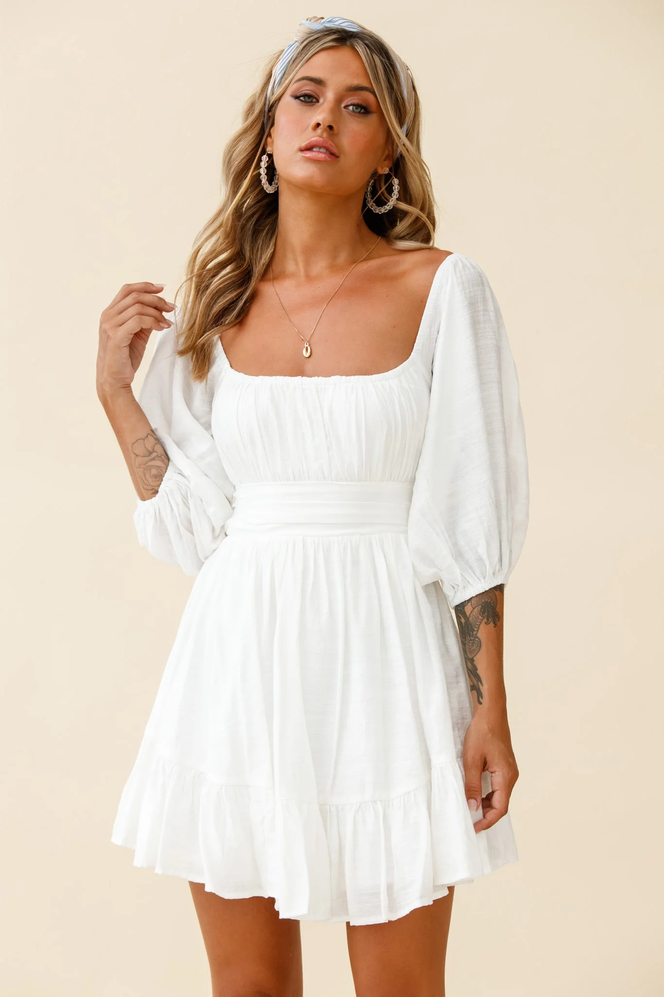 Abby Off-Shoulder Tie-Up Back Dress White - luluinthesky