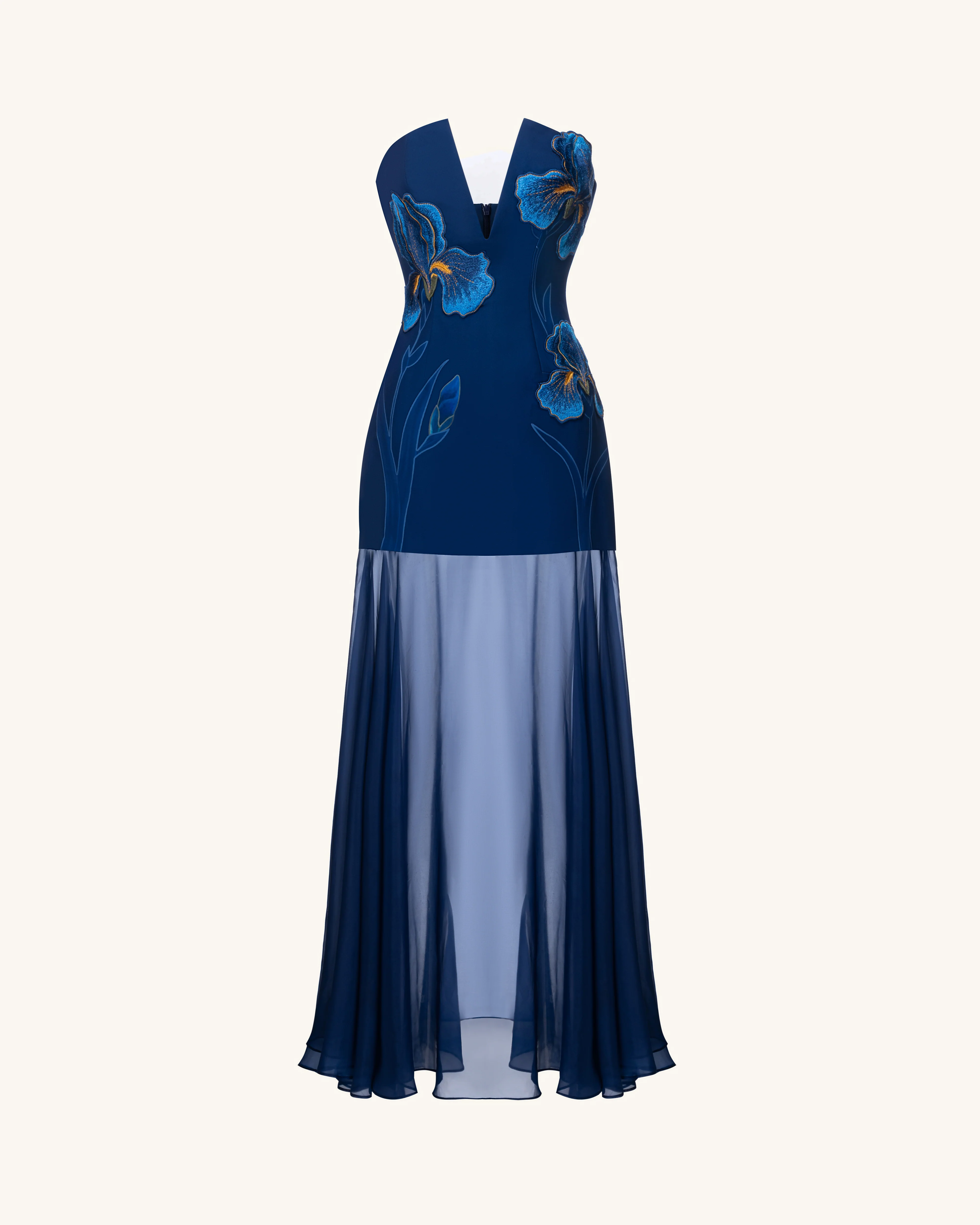 Iris Embroidered Plunge Sheer Overlay Maxi Dress - Navy Blue - FASHION NOB