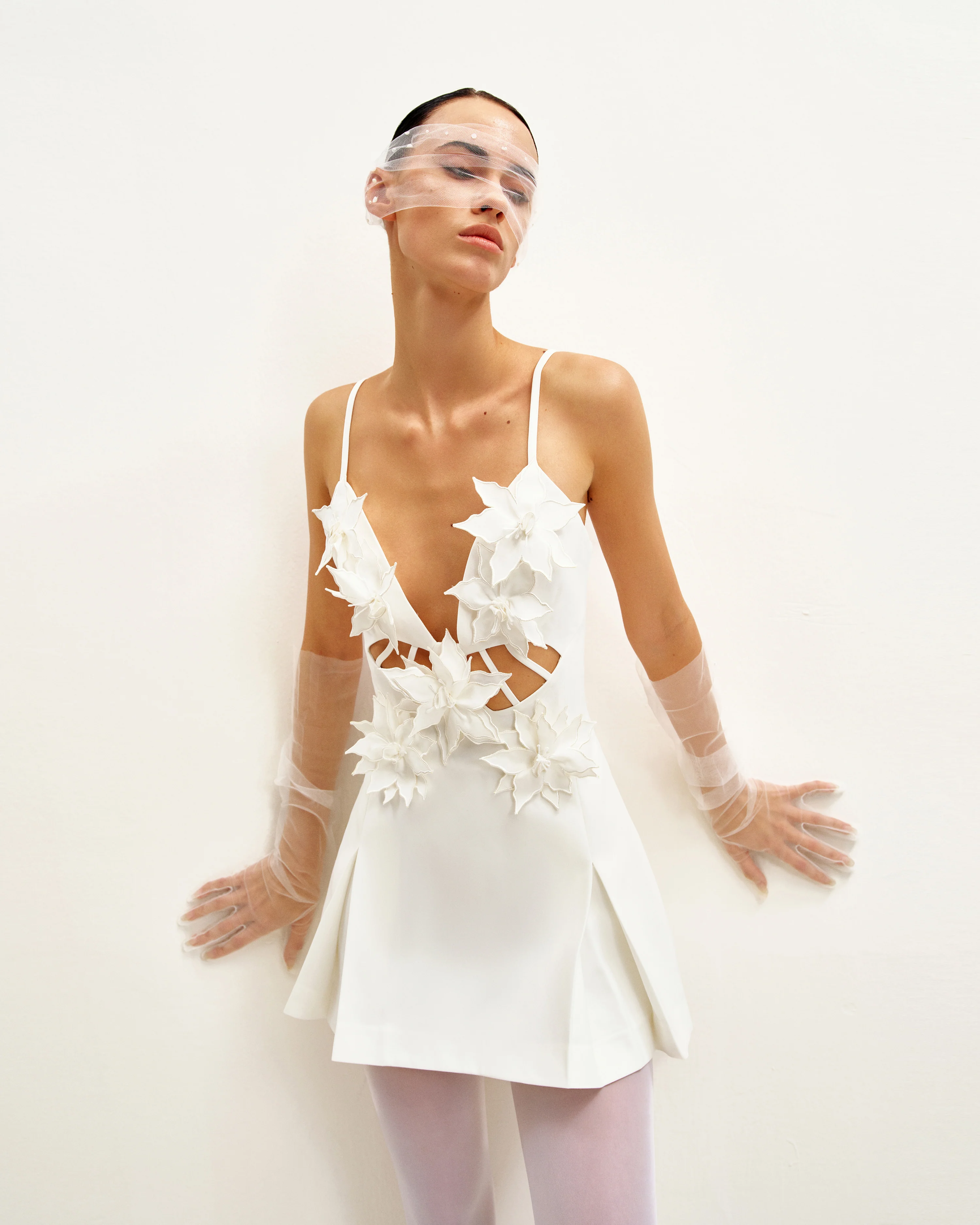 Yuliya White Floral Embellishment V-neckline Mini Dress - White - luluinthesky