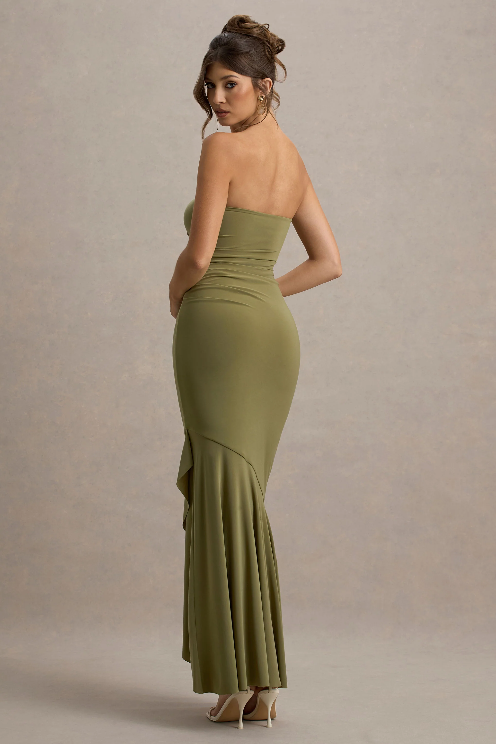 Capria | Olive Green Bandeau Wrap Maxi Dress