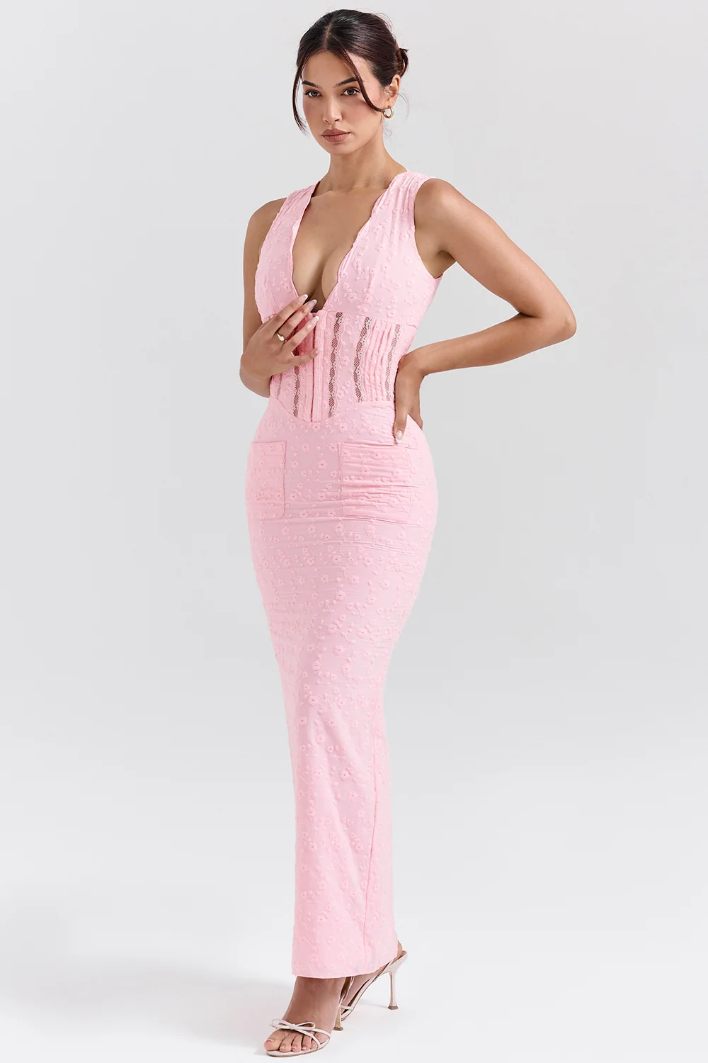 Perfectly Pink Broderie Anglais Plunge Maxi Dress