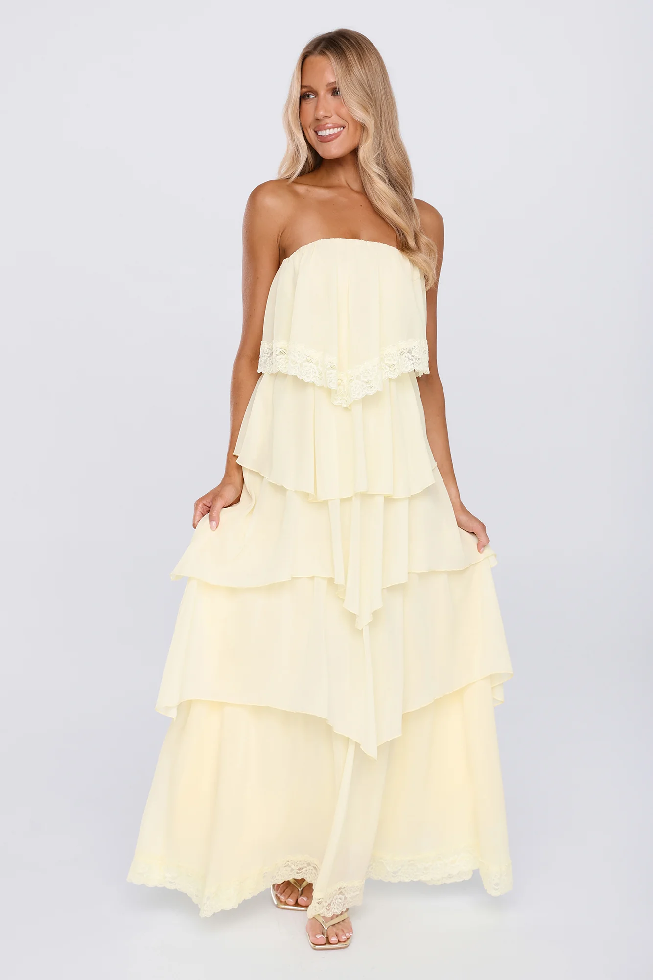 Glossy Days Strapless Maxi Dress Yellow - luluinthesky