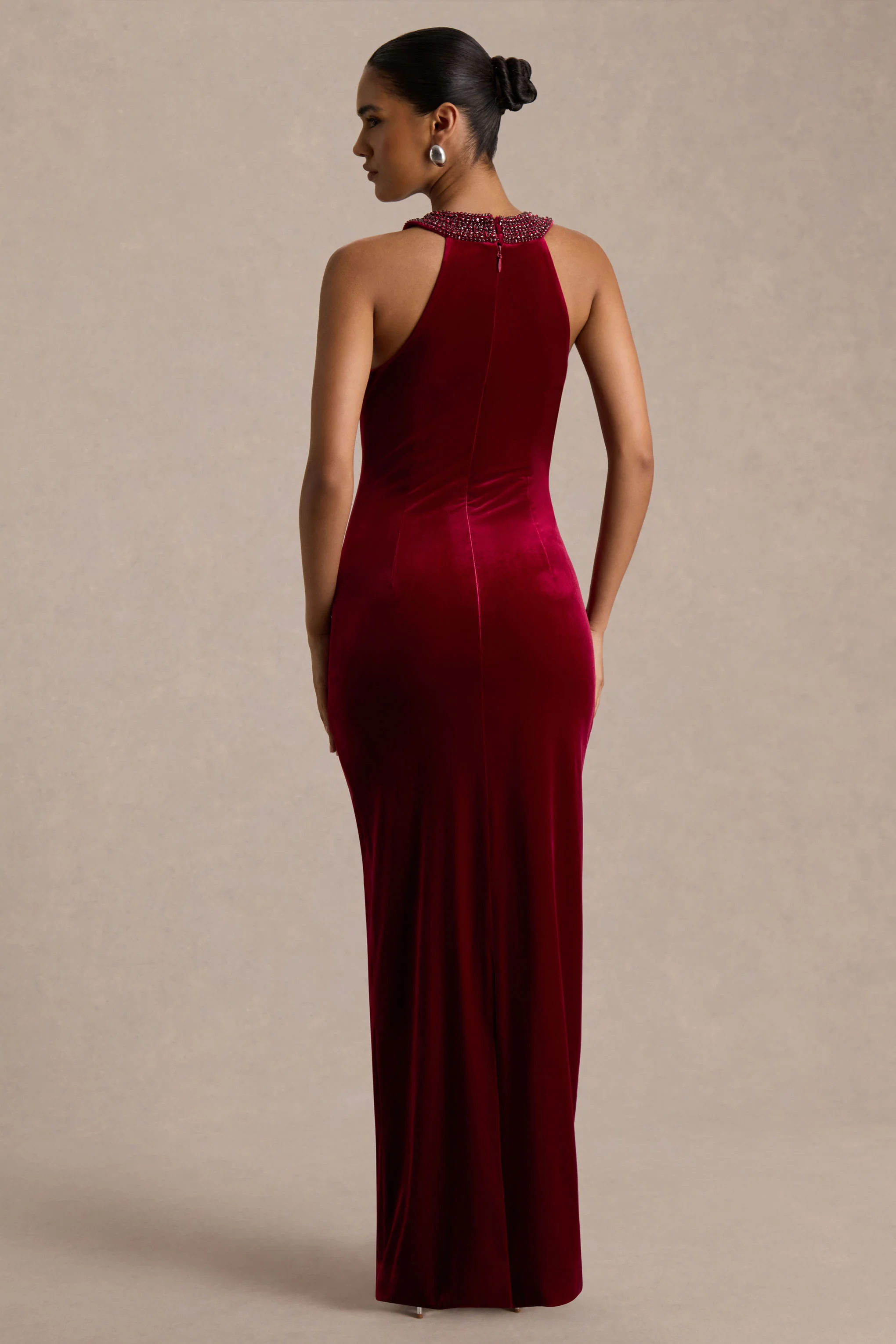 Darya | Burgundy Velvet Embellished High-Neck Maxi Dress
