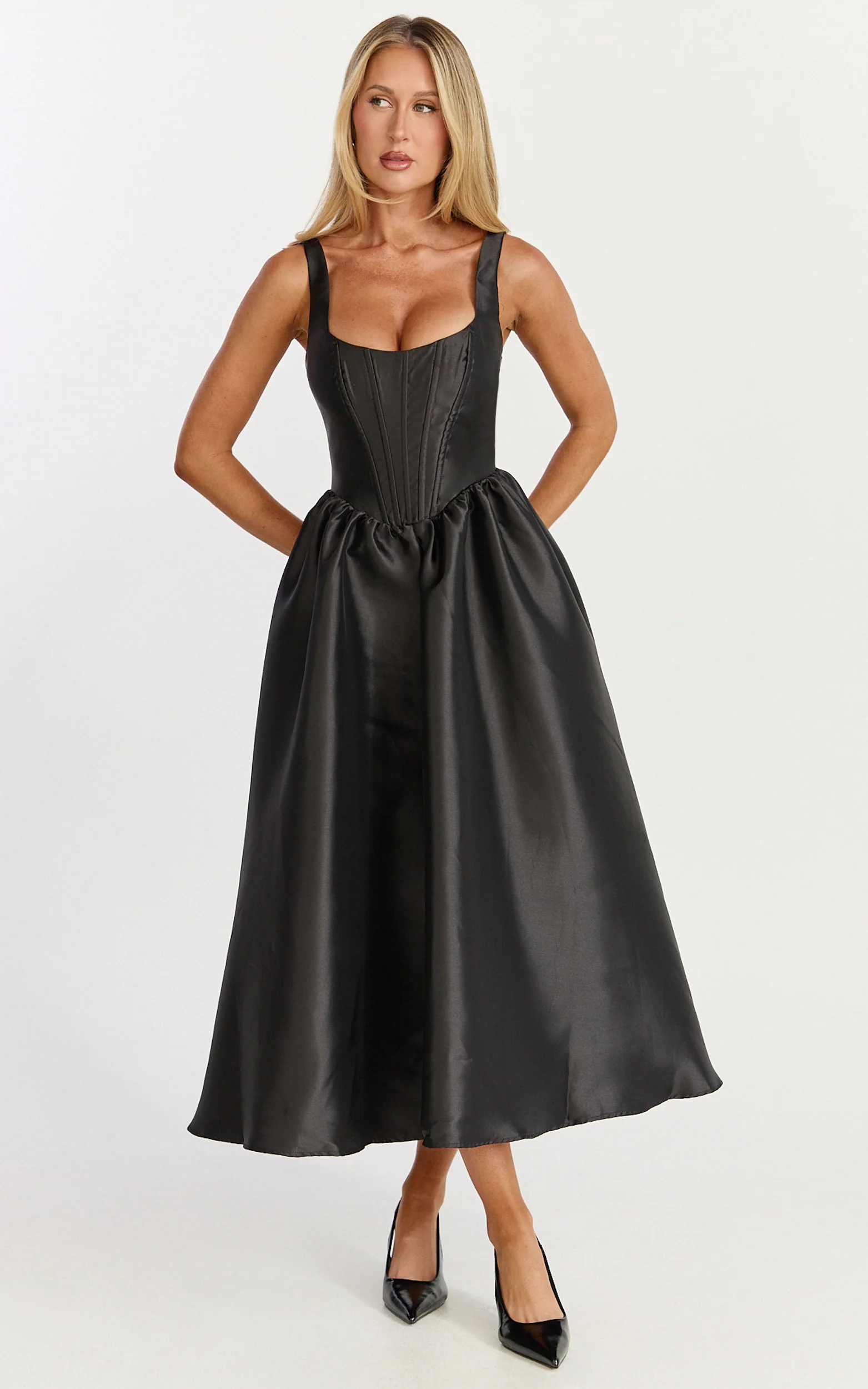 Courtney Midi Dress - Corset Panel Low Back Dress in Black