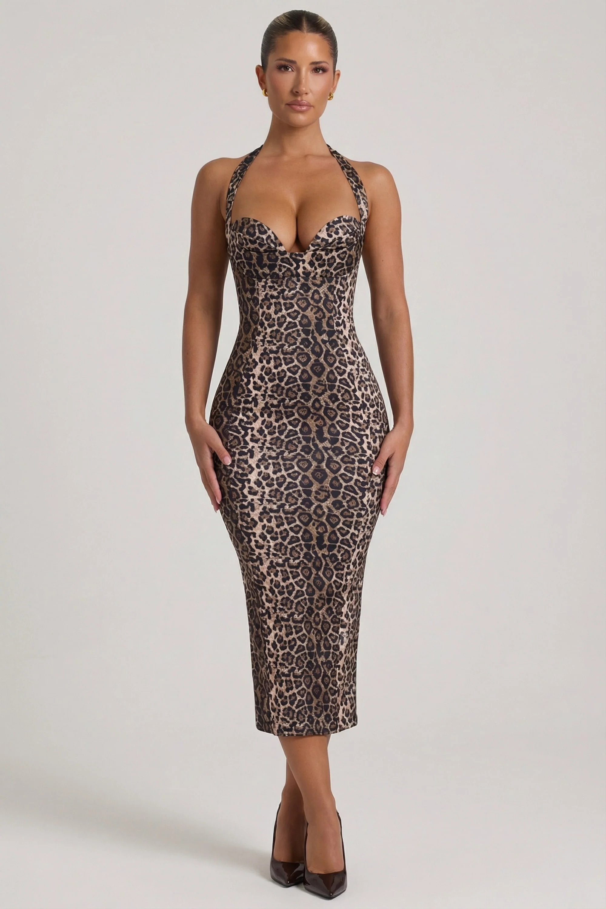 Layered Halterneck Bodycon Midi Dress in Leopard Print