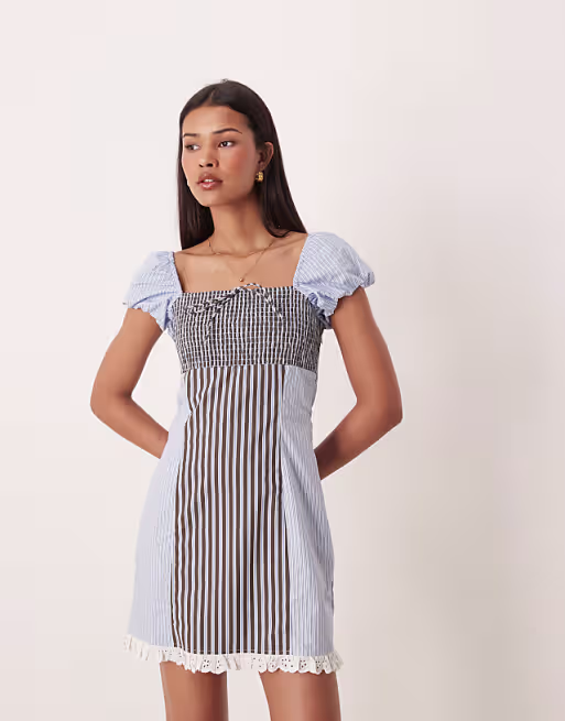 square neck mini dress in mixed blue stripes