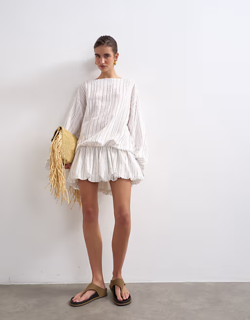 Topshop long sleeve blouson mini dress in white stripes