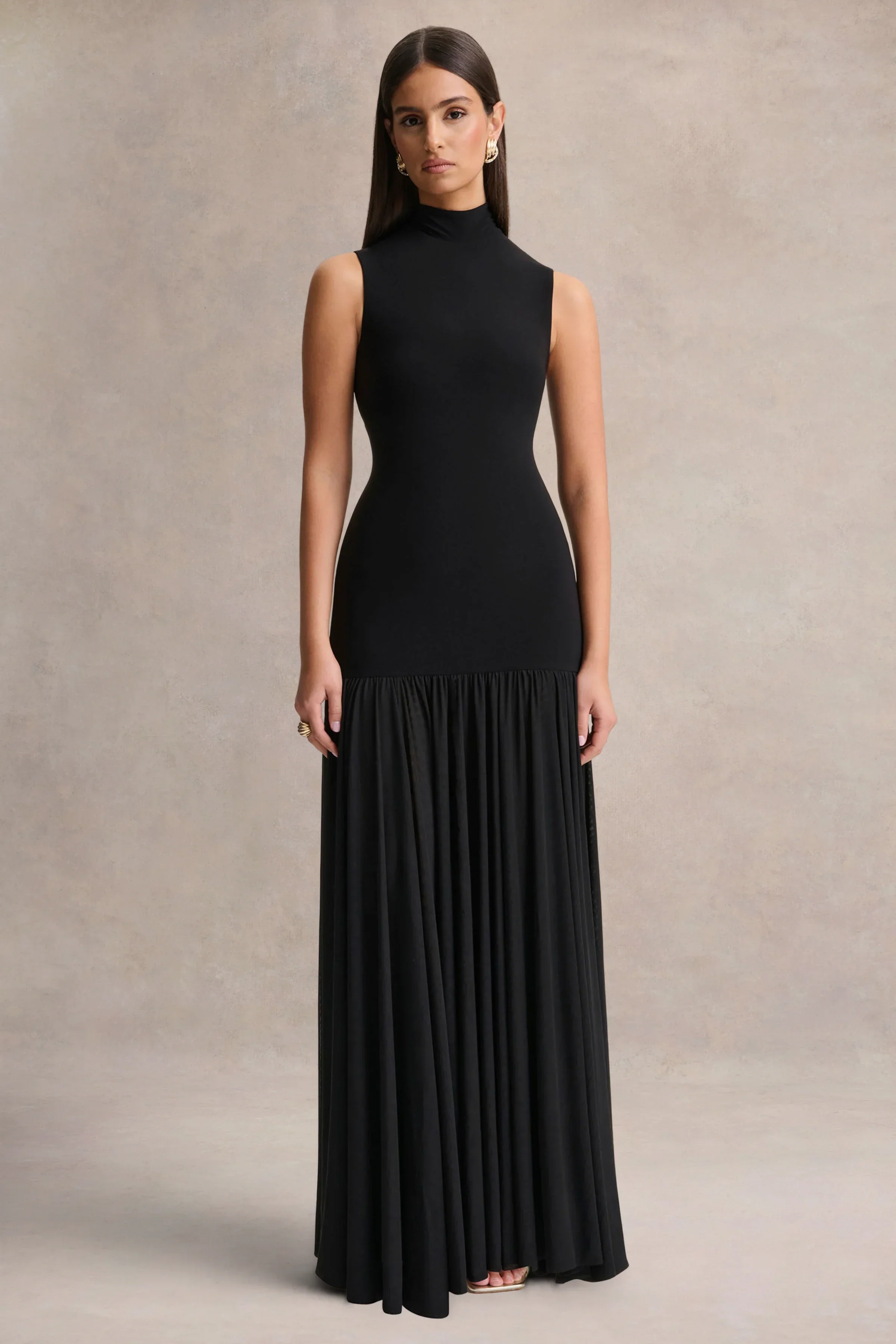 Gigi | Black High-Neck Maxi Dress With Drop-Waist And Sheer Skirt