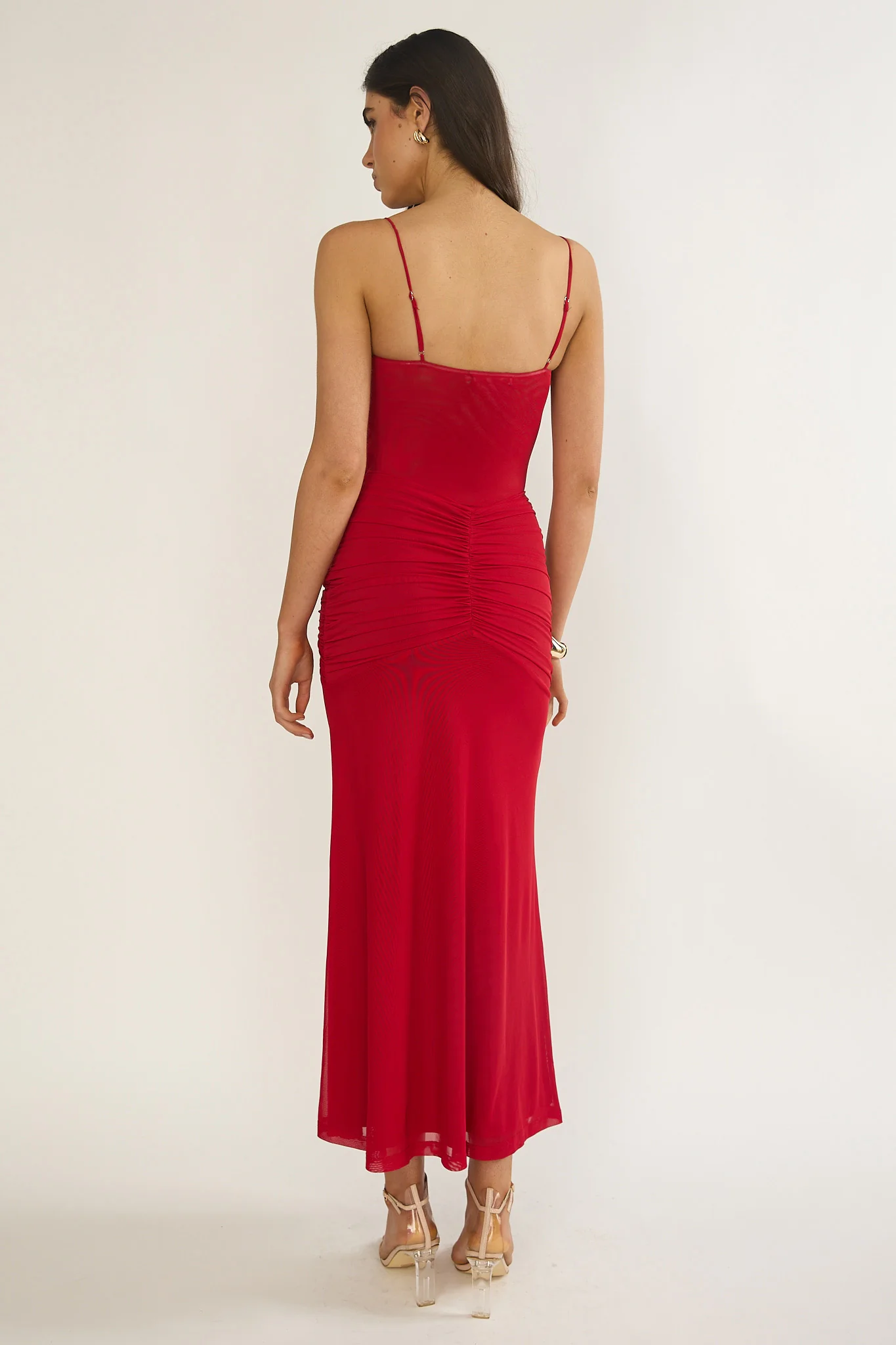 Kamilah Ruched Sheer Waist Maxi Dress Red