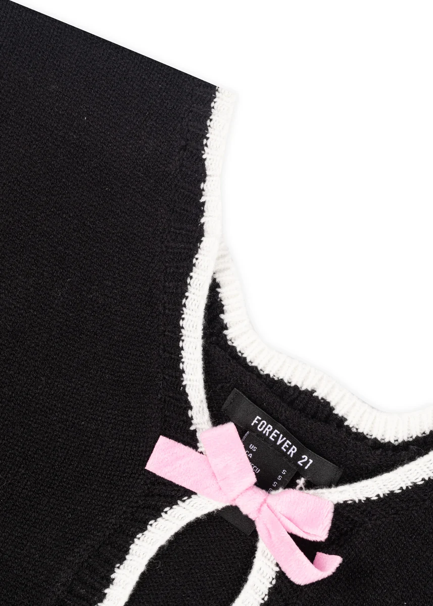 Velvet Bow Open-Front Knit Sweater