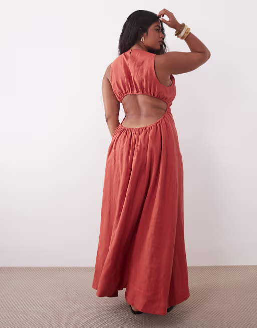 Curve premium 100% linen waisted maxi dress with open back in terracotta