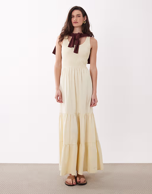 Brave Soul scoop neck shirred bodice maxi dress with tiered skirt in yellow