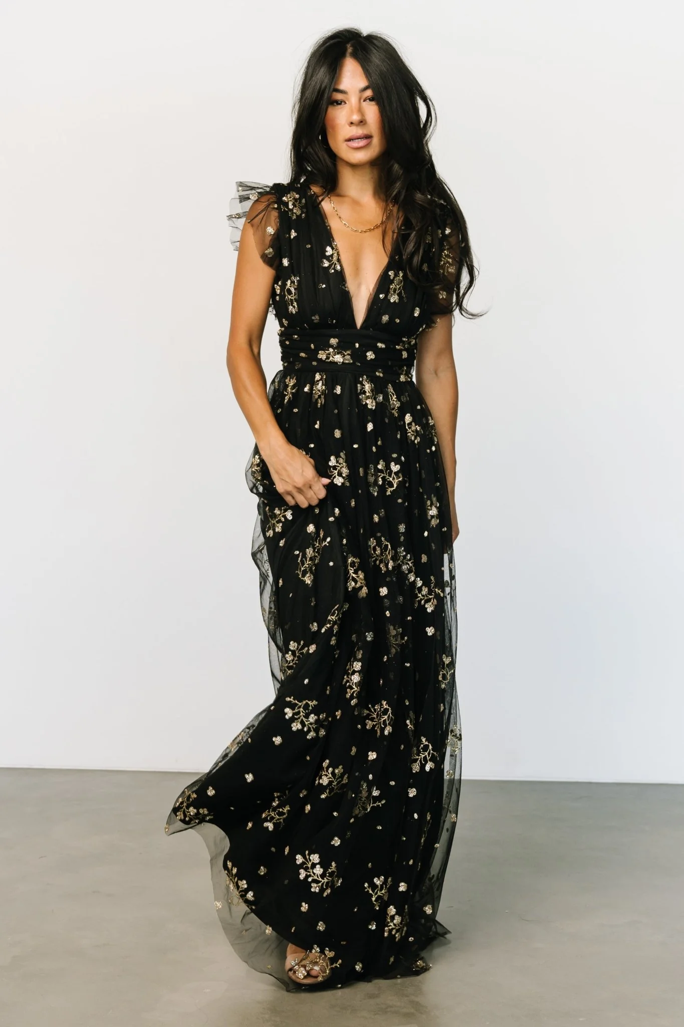 Natalia Floral Embellished Maxi Dress | Black + Gold - luluinthesky