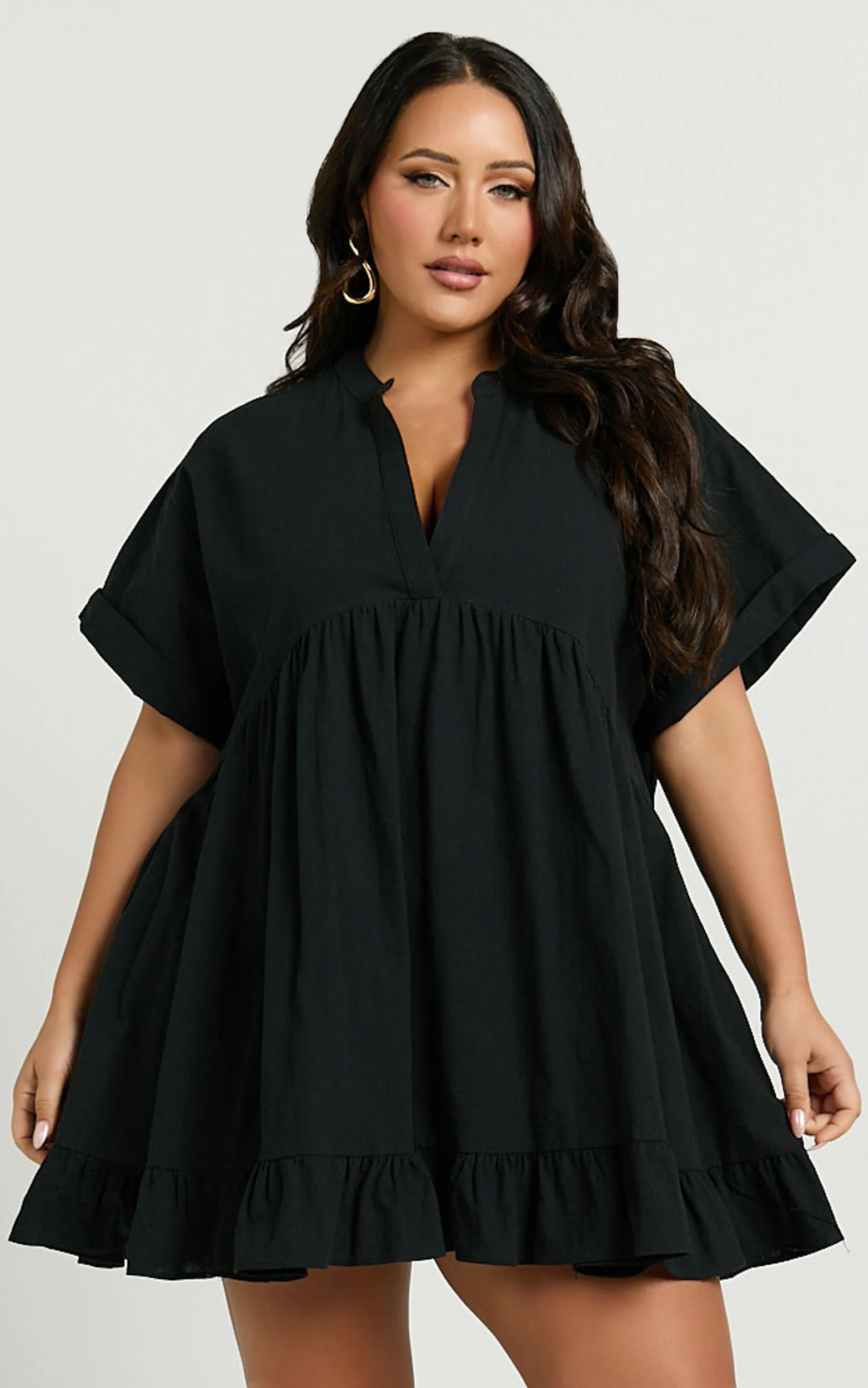 Calissa Mini Dress - Frill Hem Smock Dress in Black