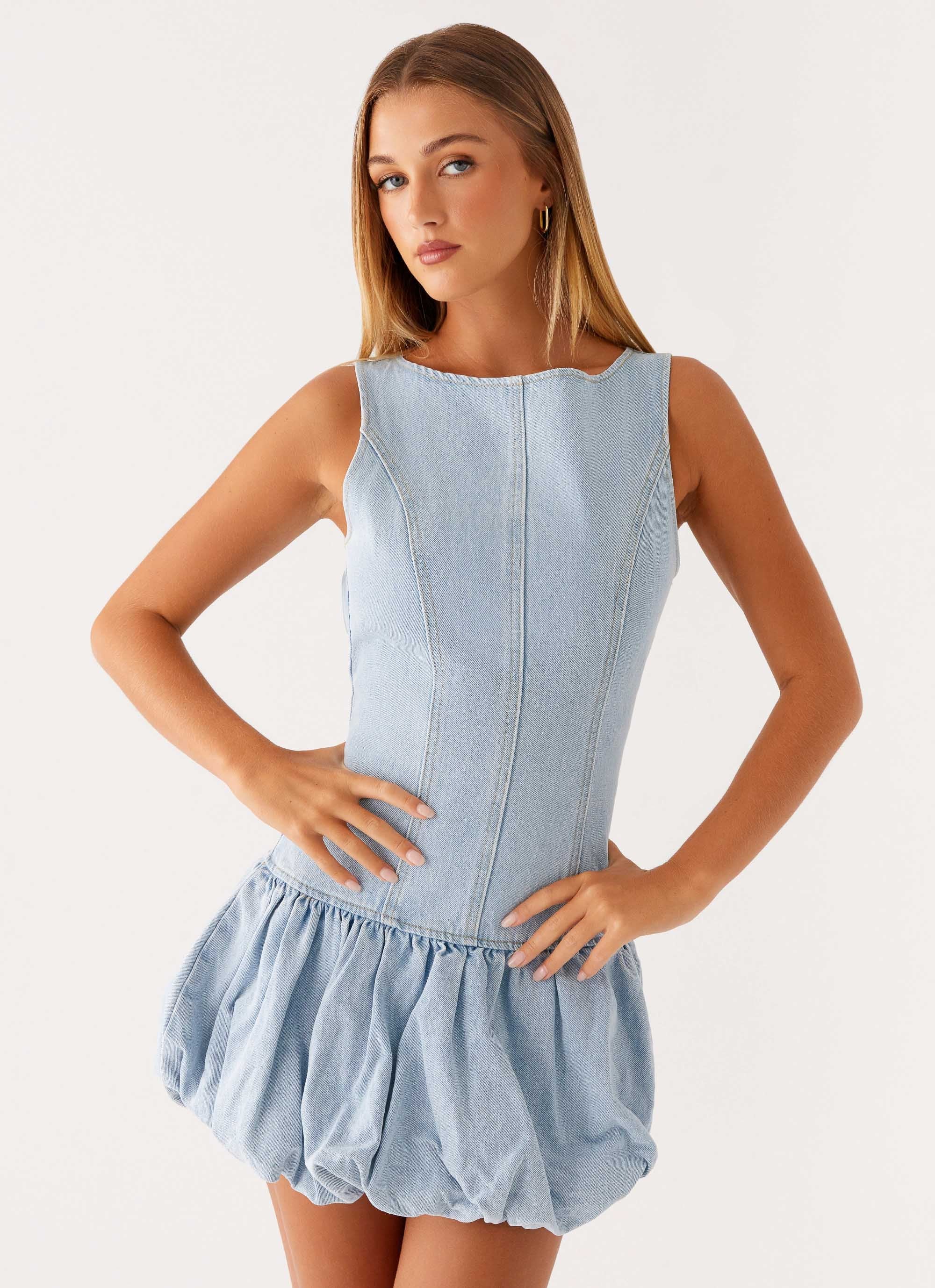 Meg Bubble Denim Mini Dress - Blue - luluinthesky