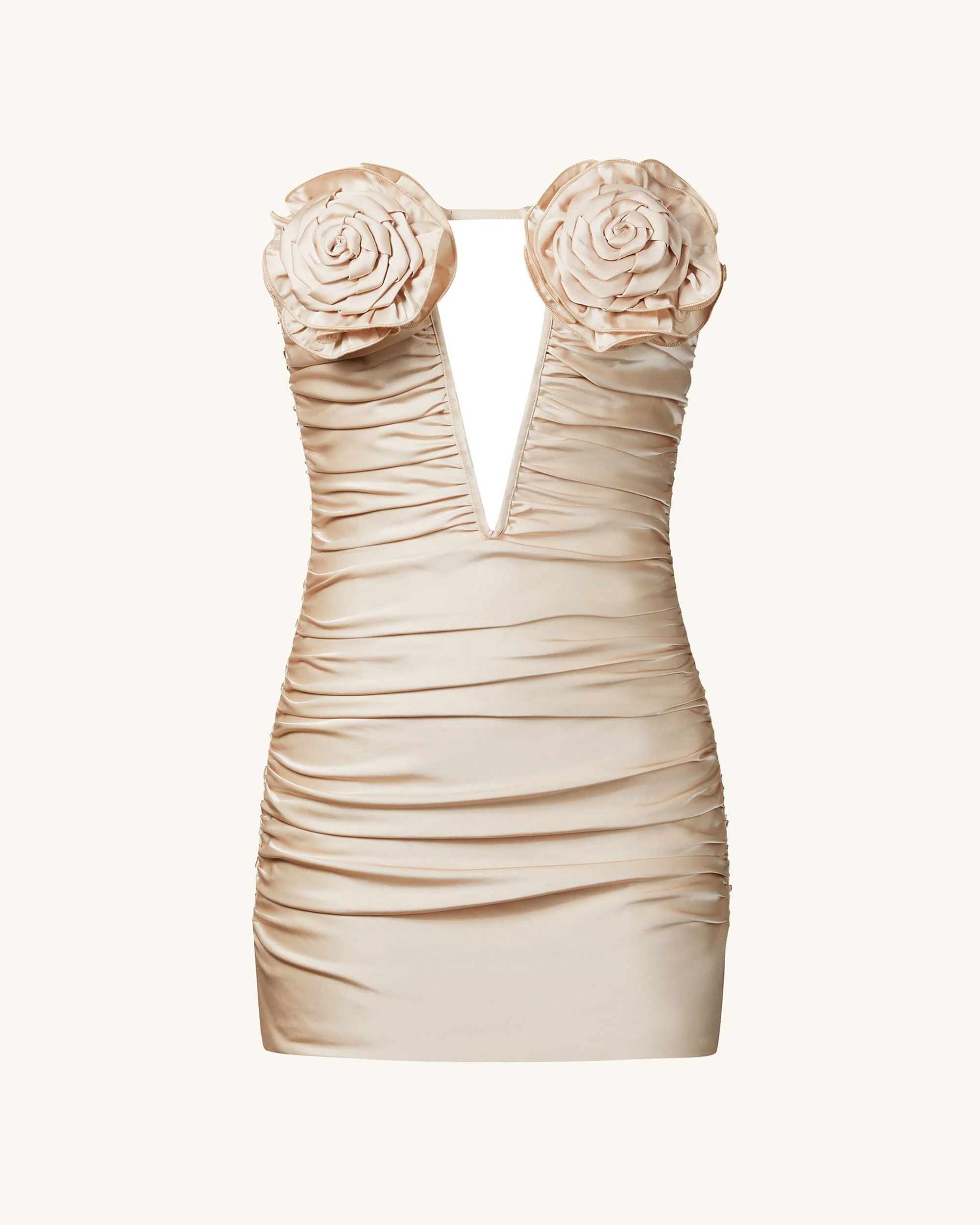 Bailee Apricot Floral Applique And Ruched Tube Mini Dress - Apricot - FASHION NOB